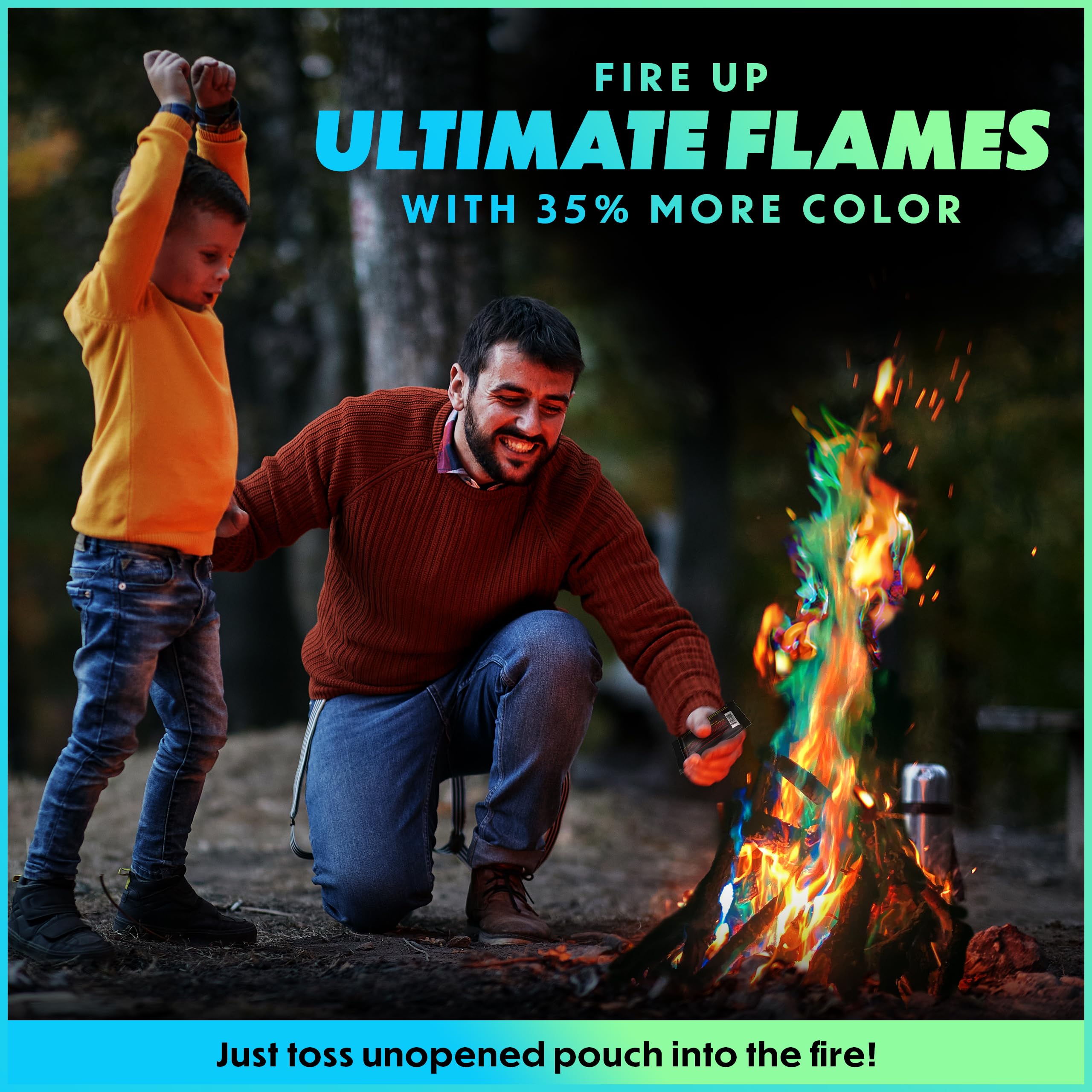 Magical Flames Fire Color Packets in use at a campfire, vibrant flames
