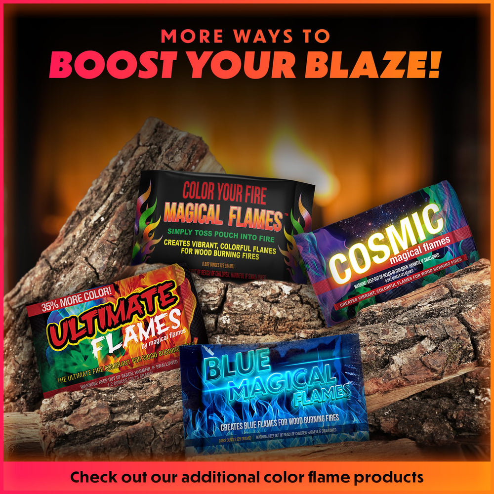 Magical Flames fire packets displayed with logs