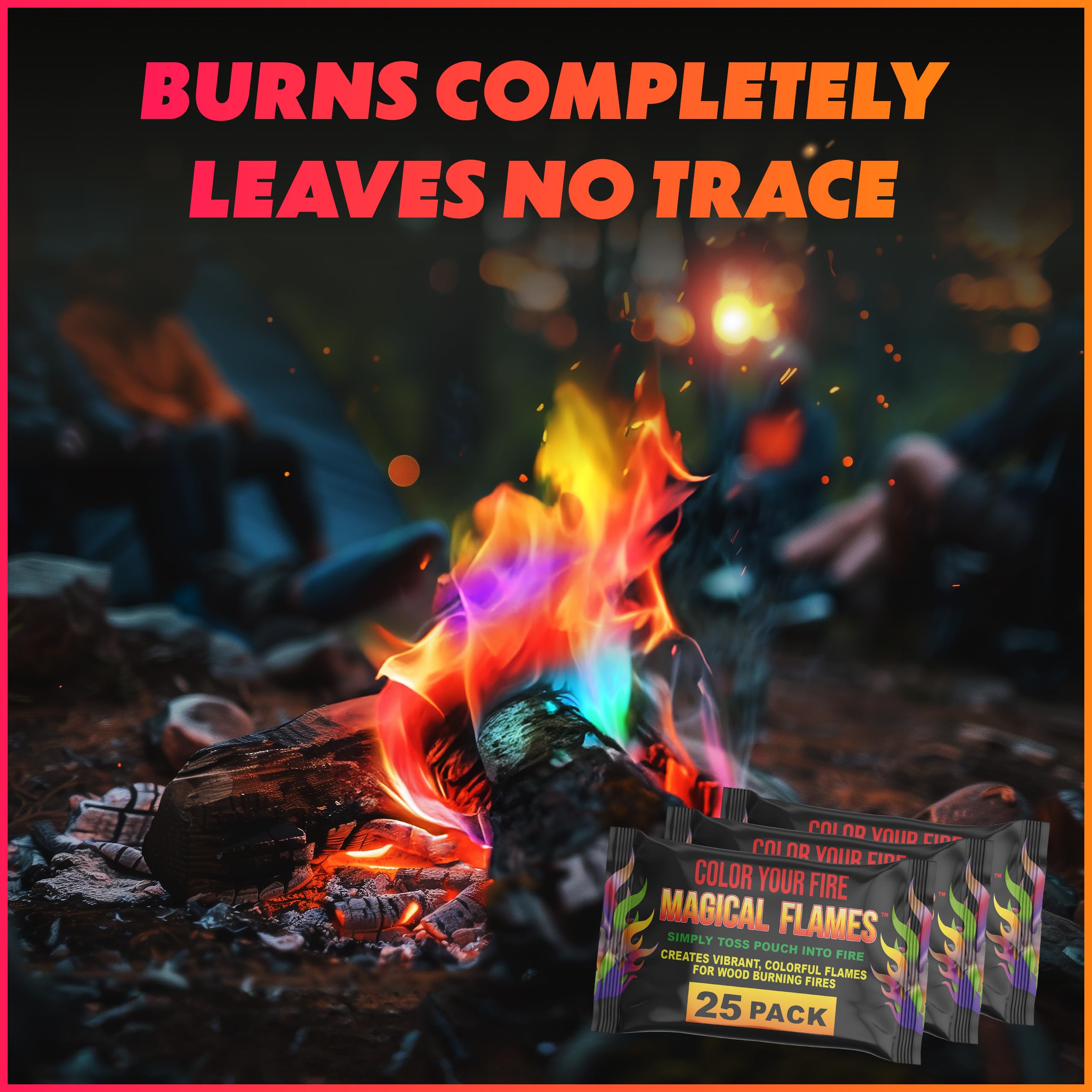 Magical Flames packets being tossed into a campfire