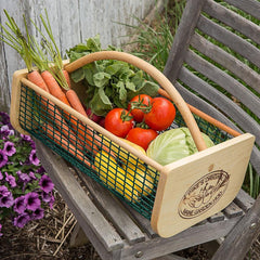 Maine Garden Hod front view with oak handle and wire mesh body