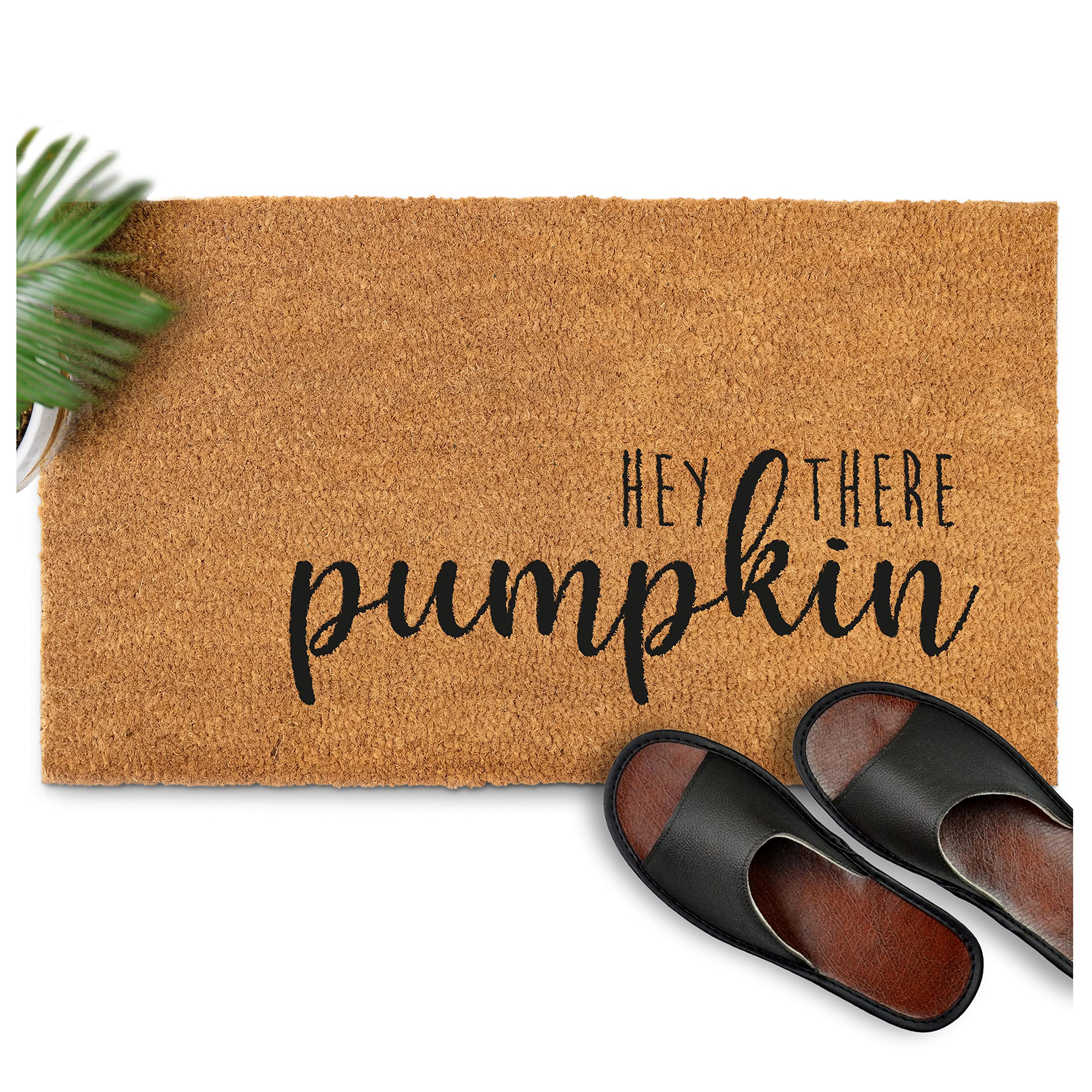 MAINEVENT Hey There Pumpkin Door Mat displayed with autumn leaves