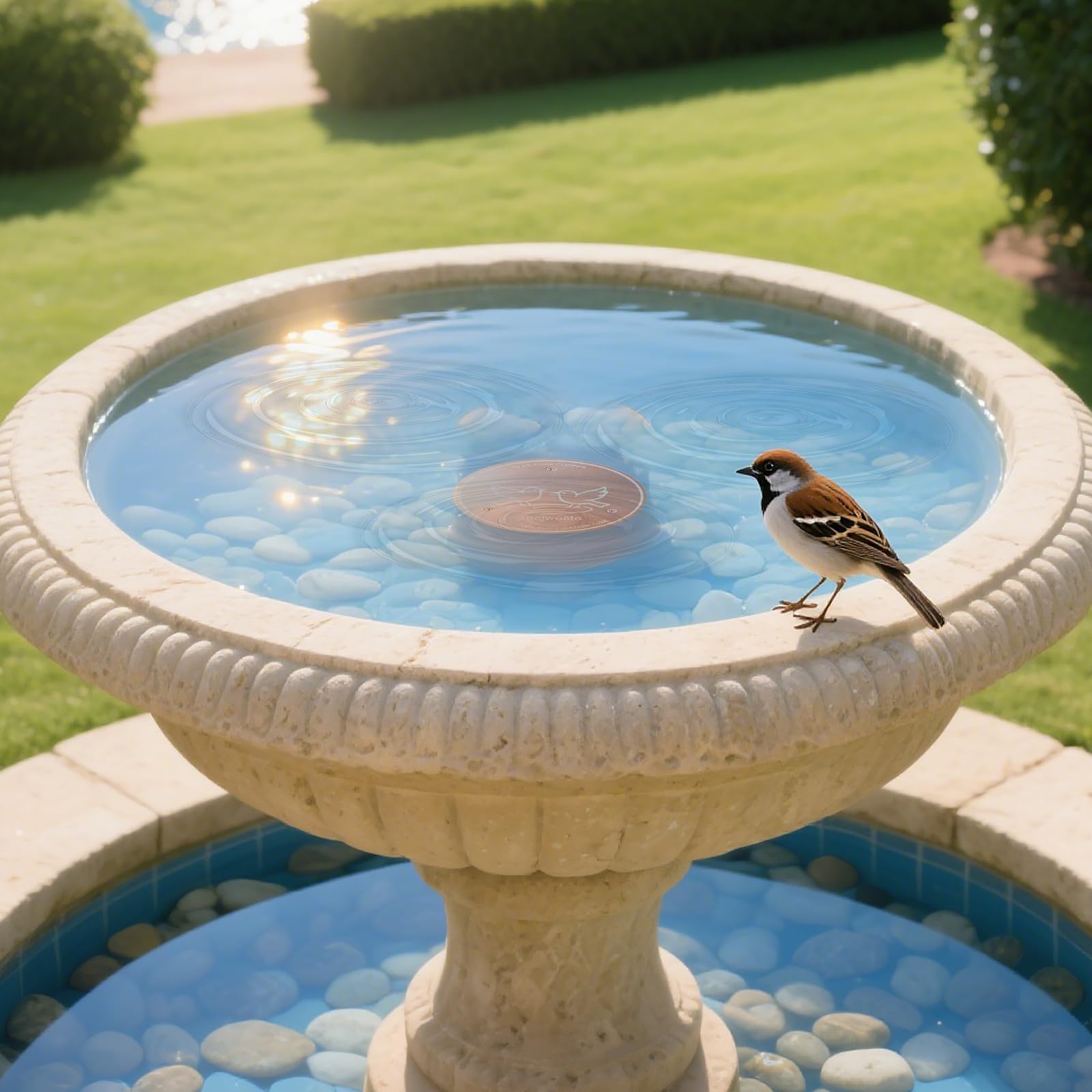 maiwoSte Copper Disk on a patio birdbath