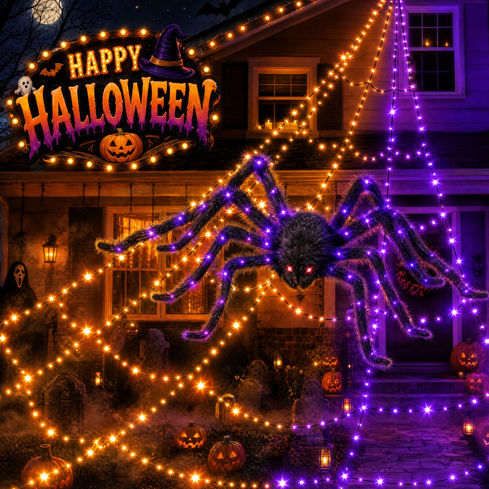 Makion Halloween spider web lights with purple and orange LEDs