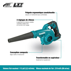 Makita DUB185Z Leaf Blower in use, cleaning leaves