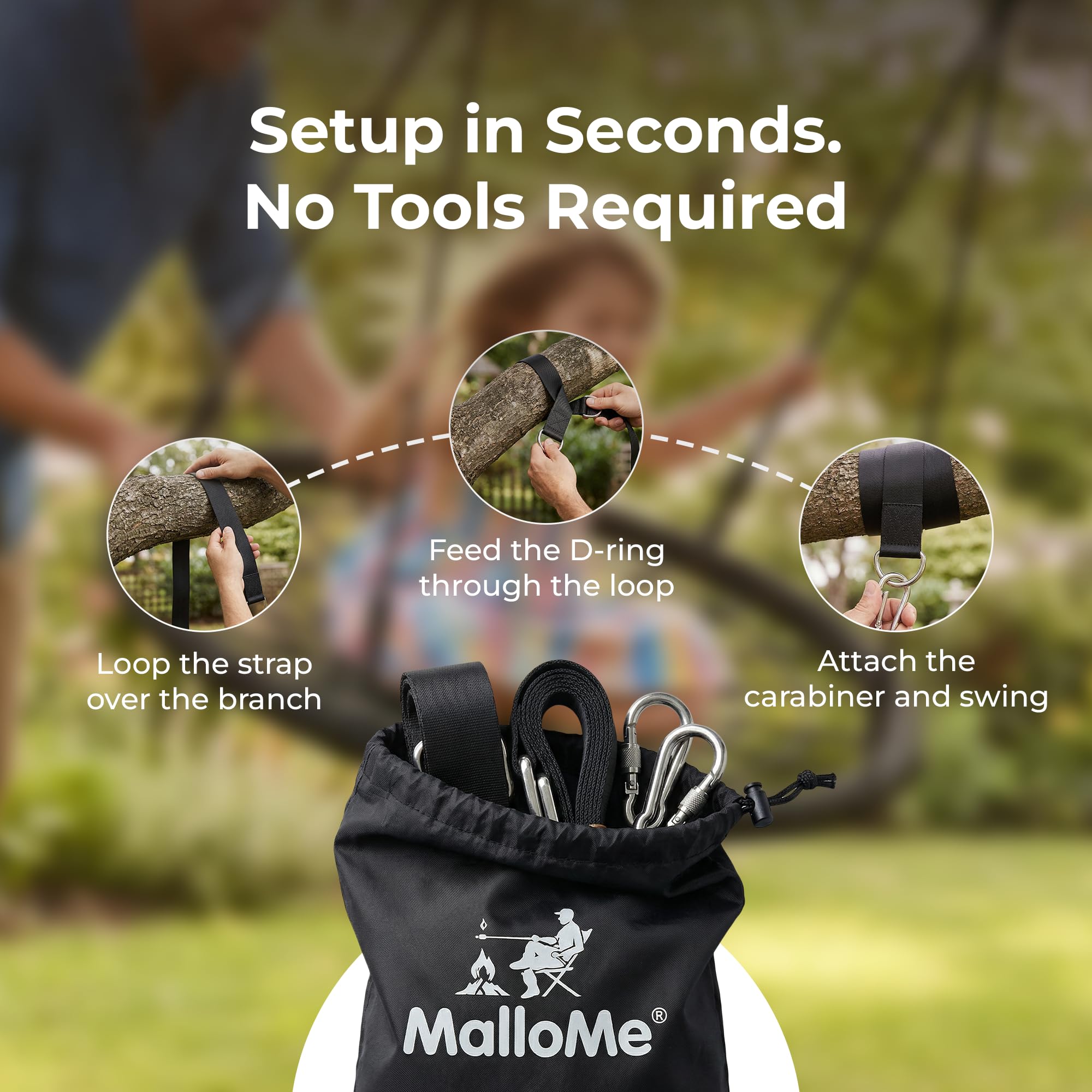 MalloMe Tree Swing Straps setup on tree, demonstrating secure hanging