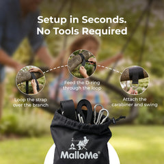 MalloMe Tree Swing Straps setup on tree, demonstrating secure hanging