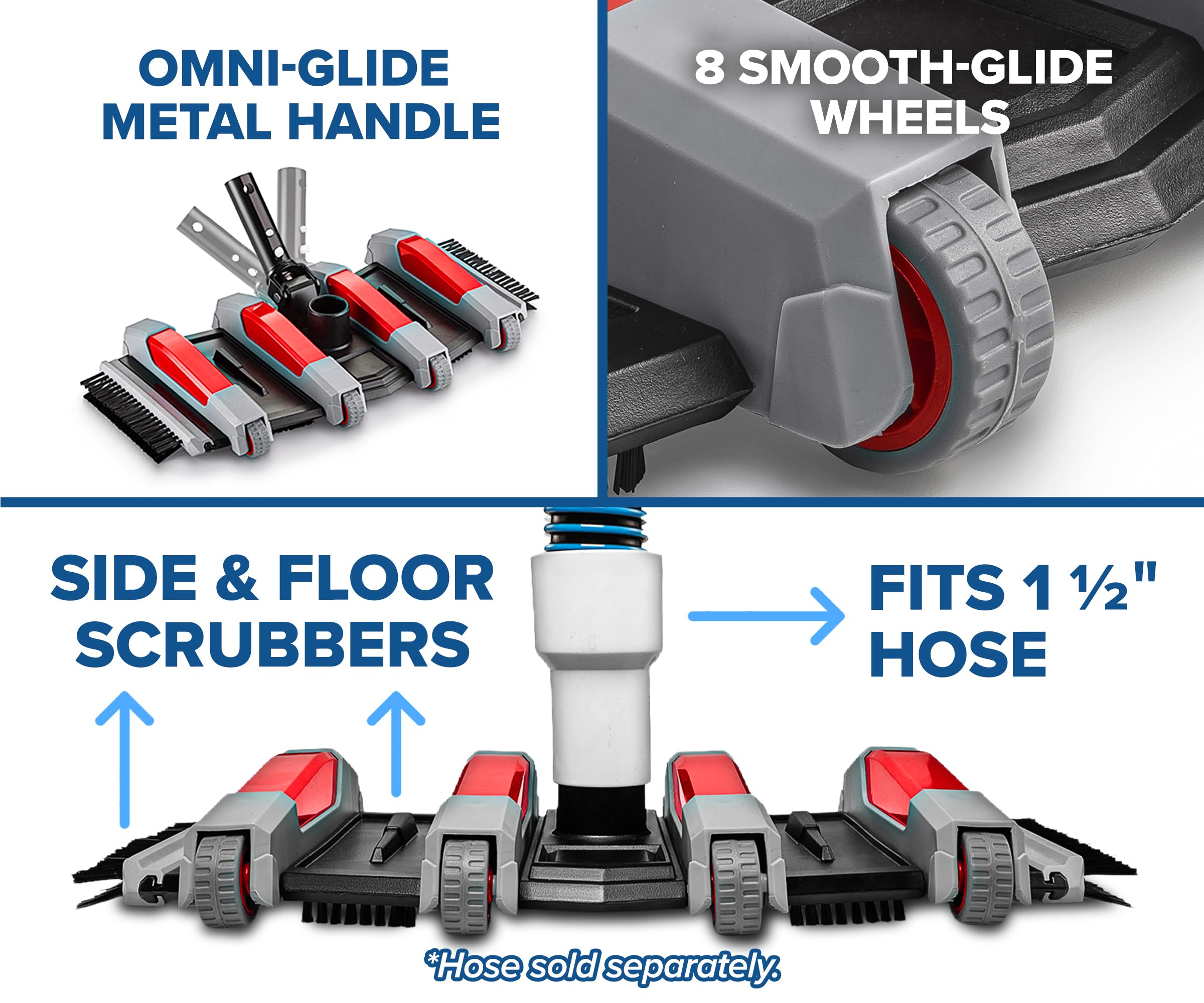 Manual Pool Vacuum Head showing soft-touch protective wheels