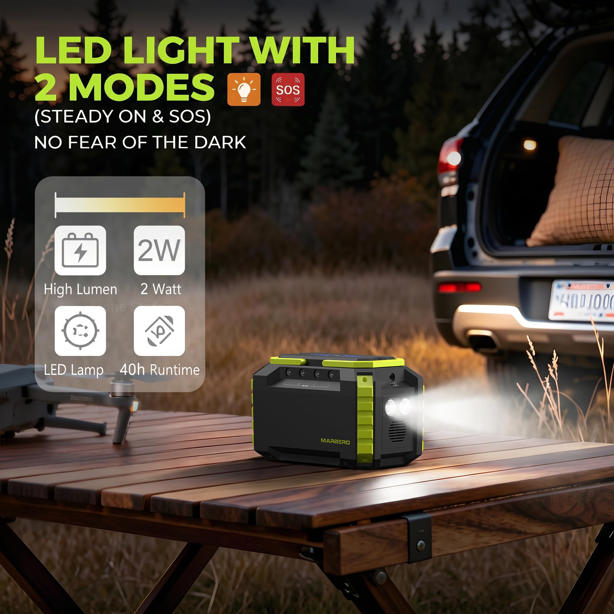 MARBERO Portable Power Station 150Wh Green in a camping setting