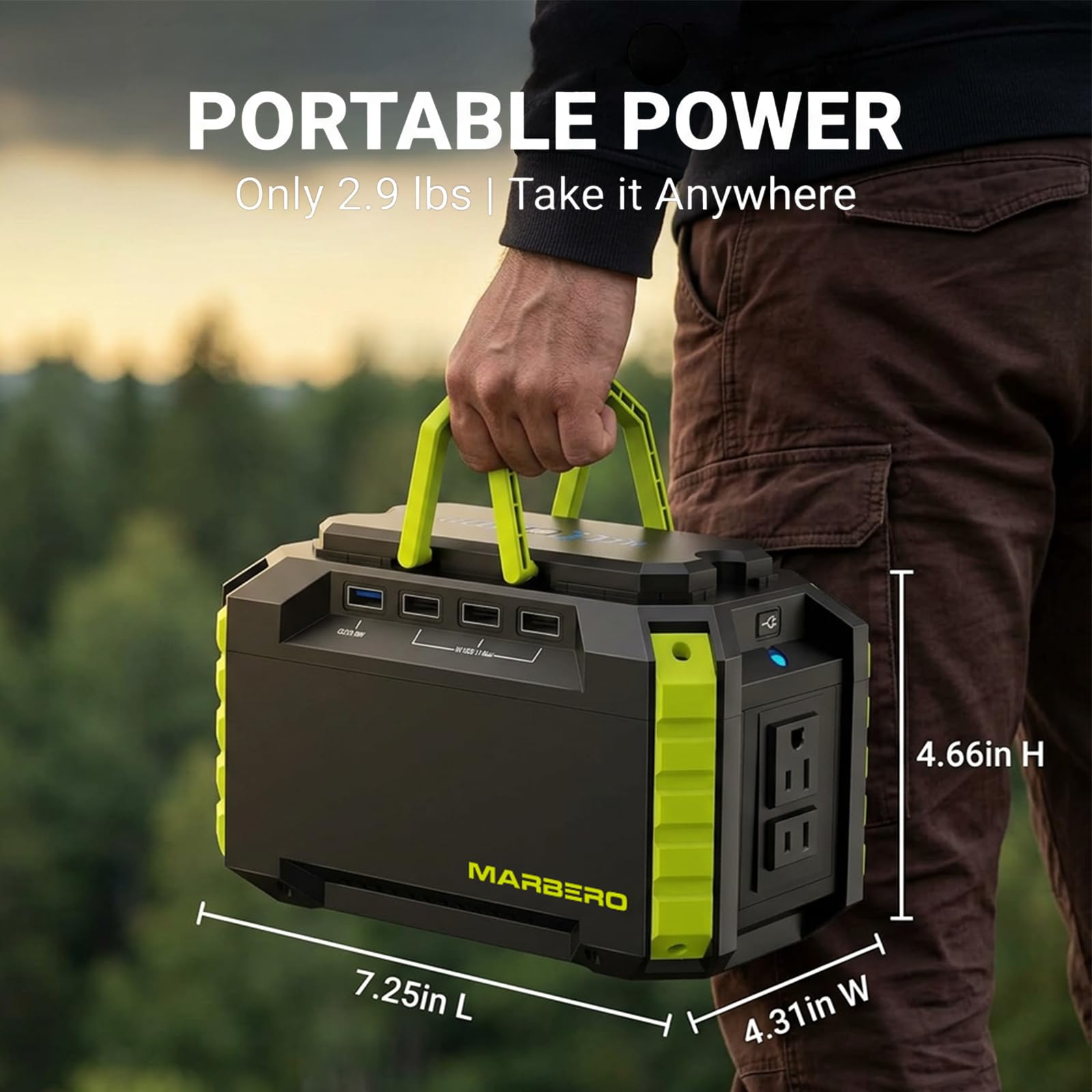 MARBERO Portable Power Station 150Wh Green side view with ports