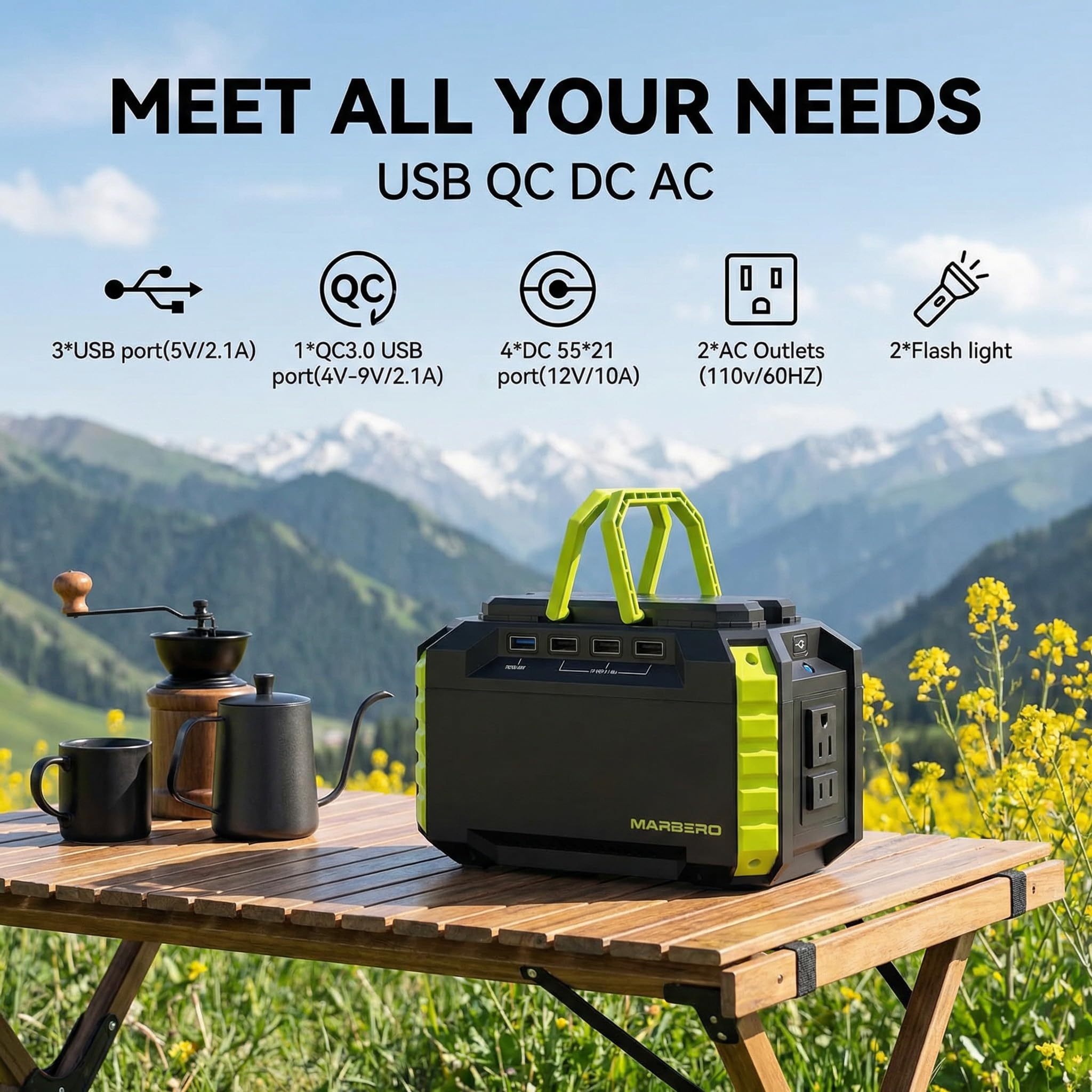 MARBERO Portable Power Station 150Wh Green with LED flashlight on
