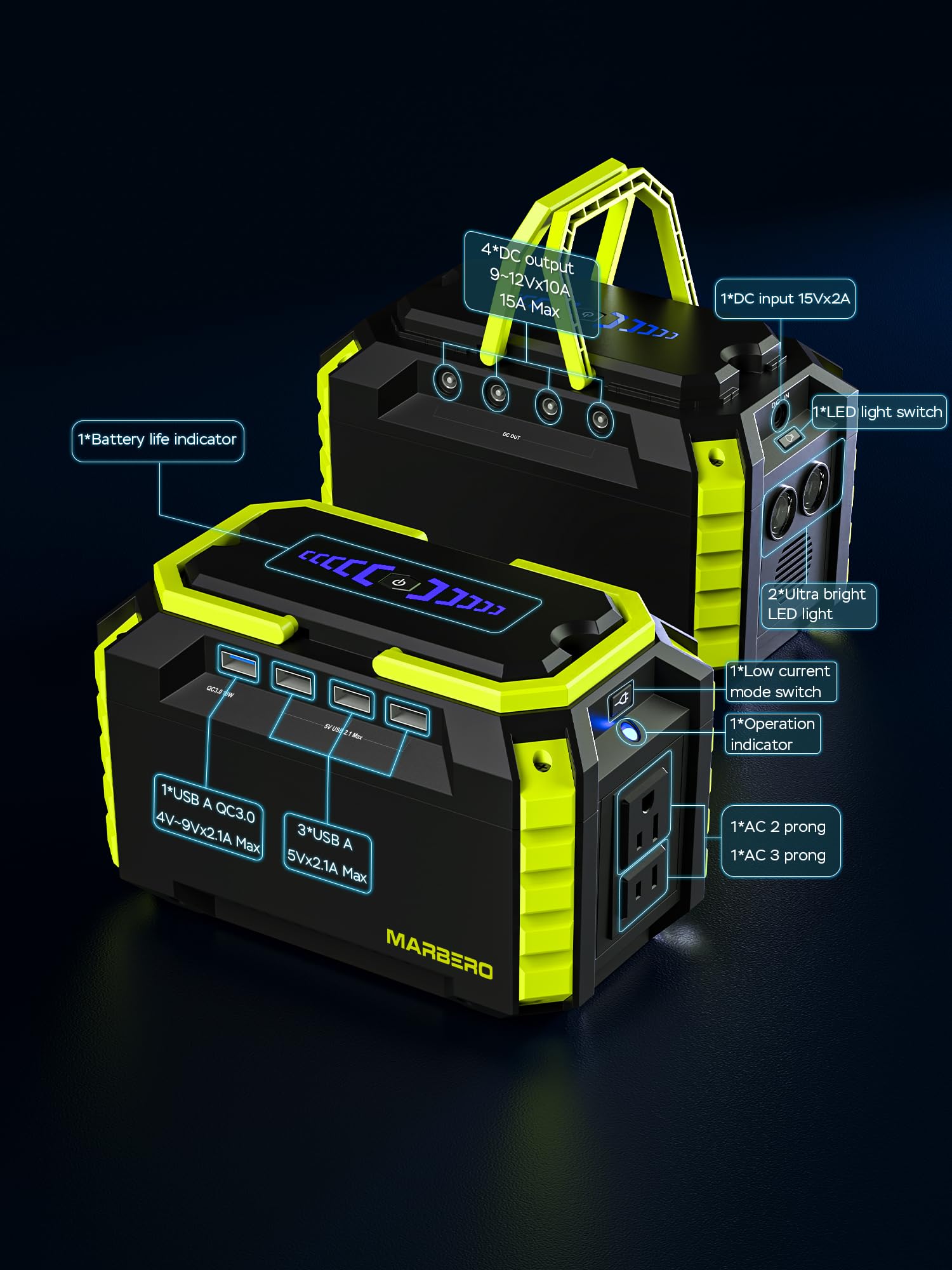 MARBERO Portable Power Station 150Wh Green with power adapter