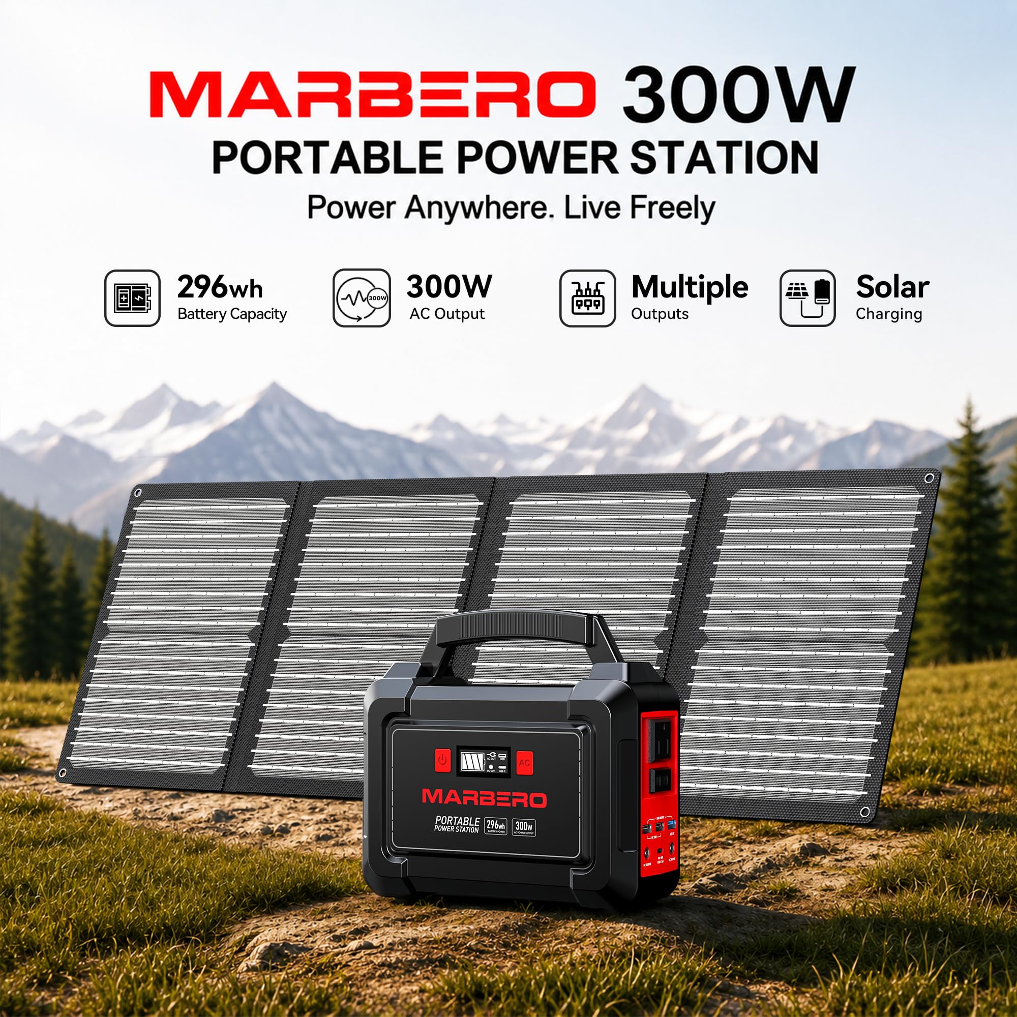 MARBERO Solar Generator with ports for USB and AC charging