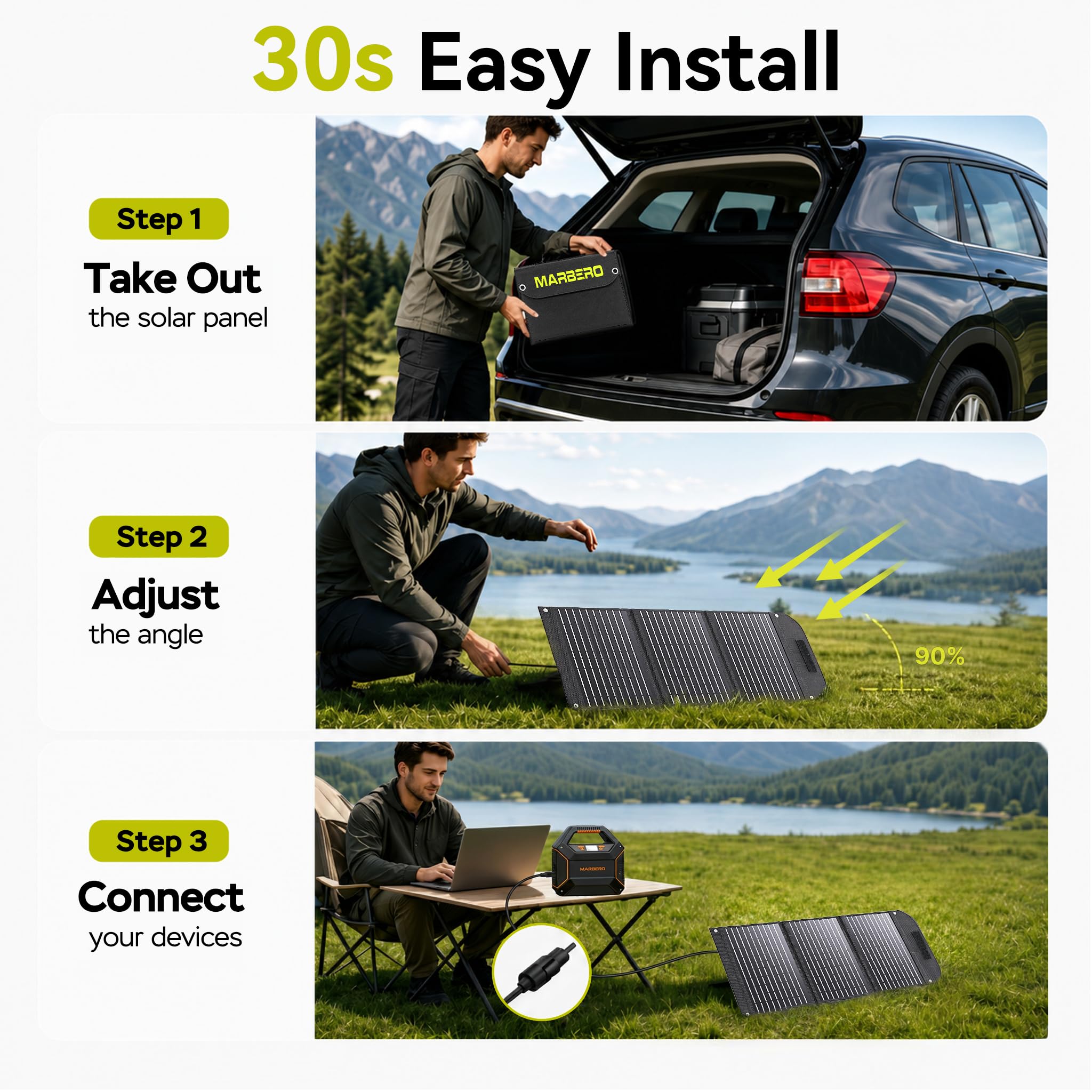 MARBERO solar panel showing DC output connections
