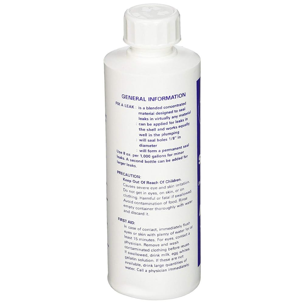 Marlig Industries Fix A Leak Pool Leak Sealer 8 oz bottle with pool background