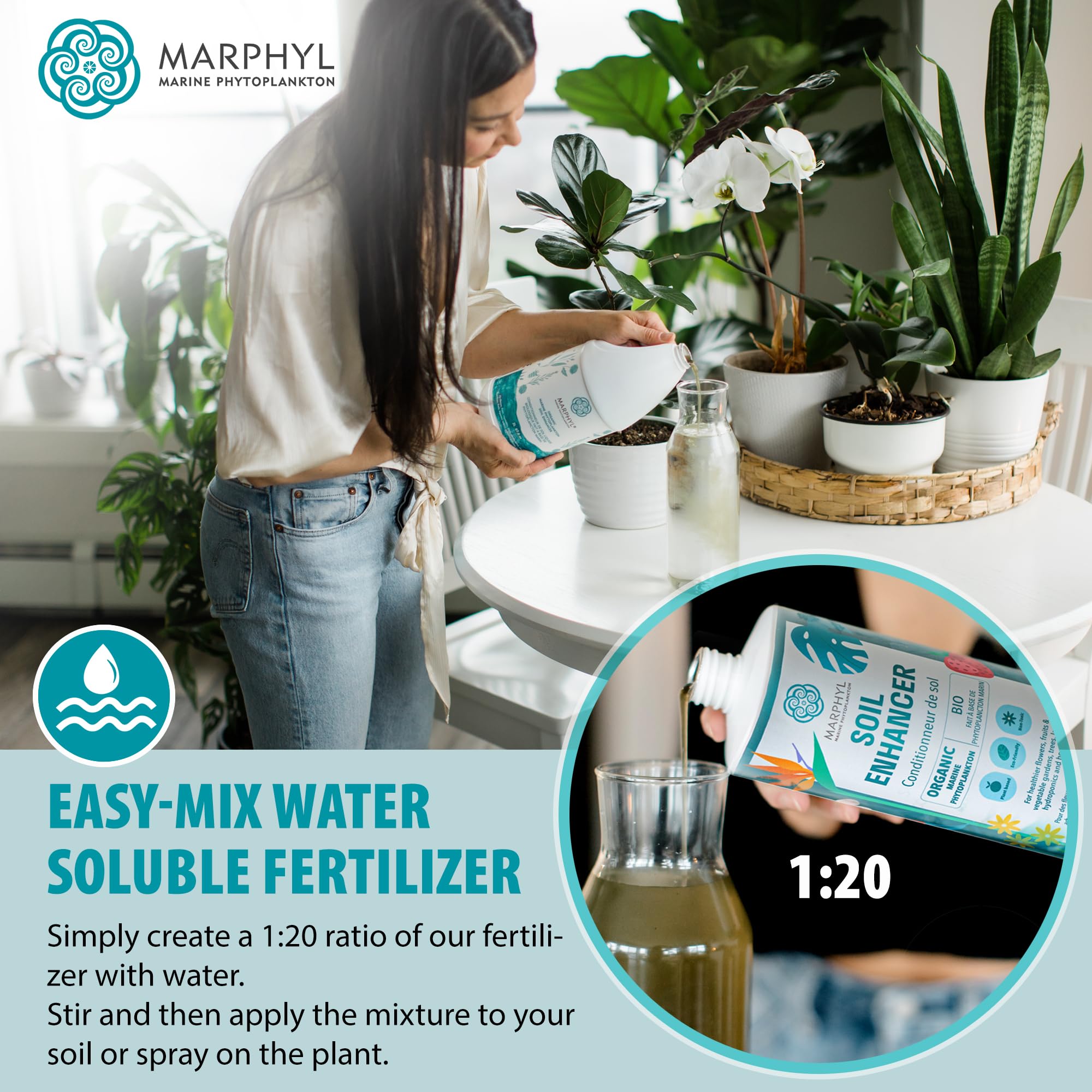 MARPHYL All-Purpose Plant Food bottle alongside blooming flowers