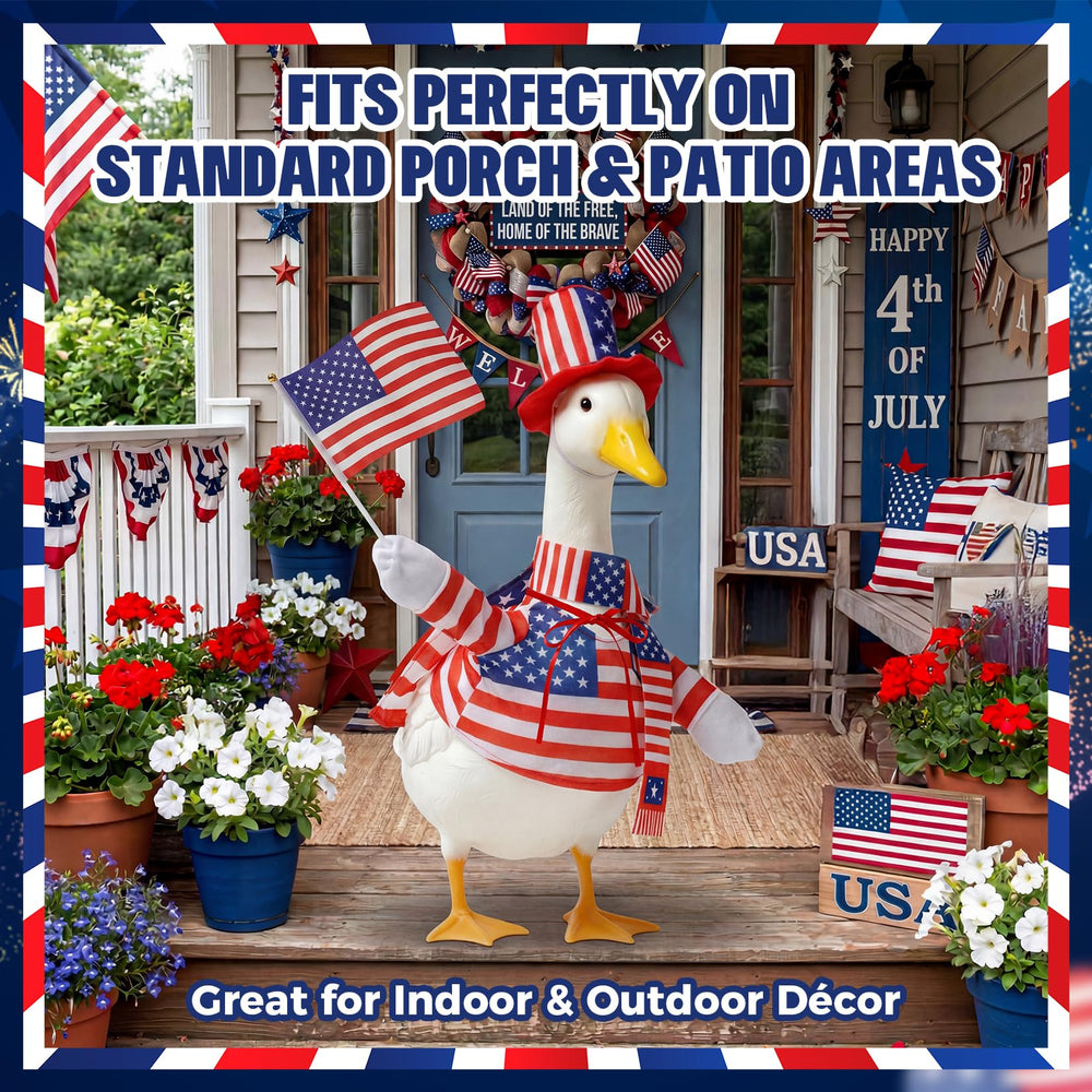 Mastom goose statue dressed in red, white, and blue outfit