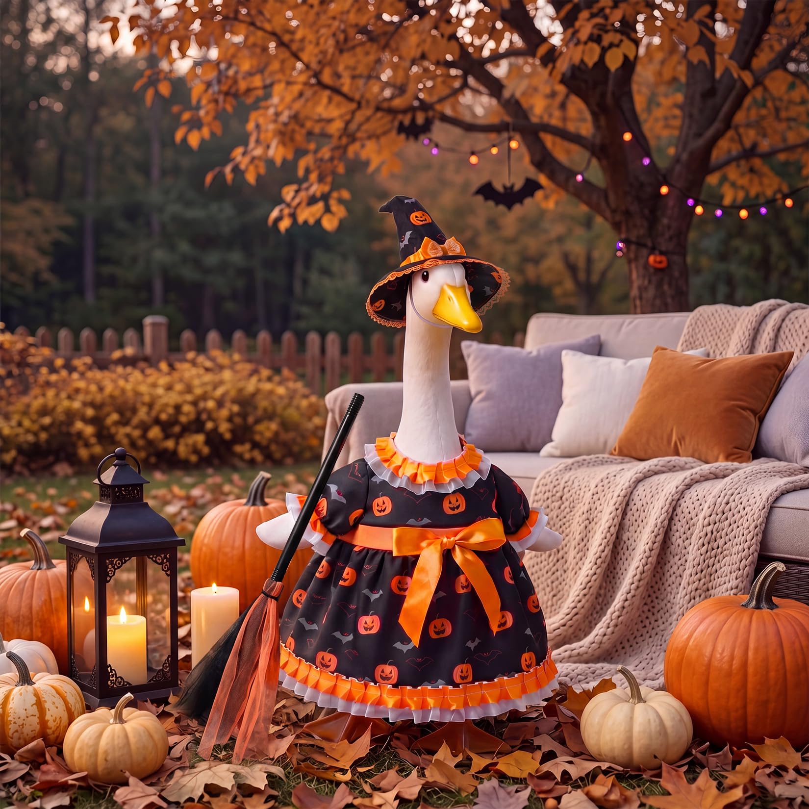 Mastom Halloween Goose Outfit displayed in a garden