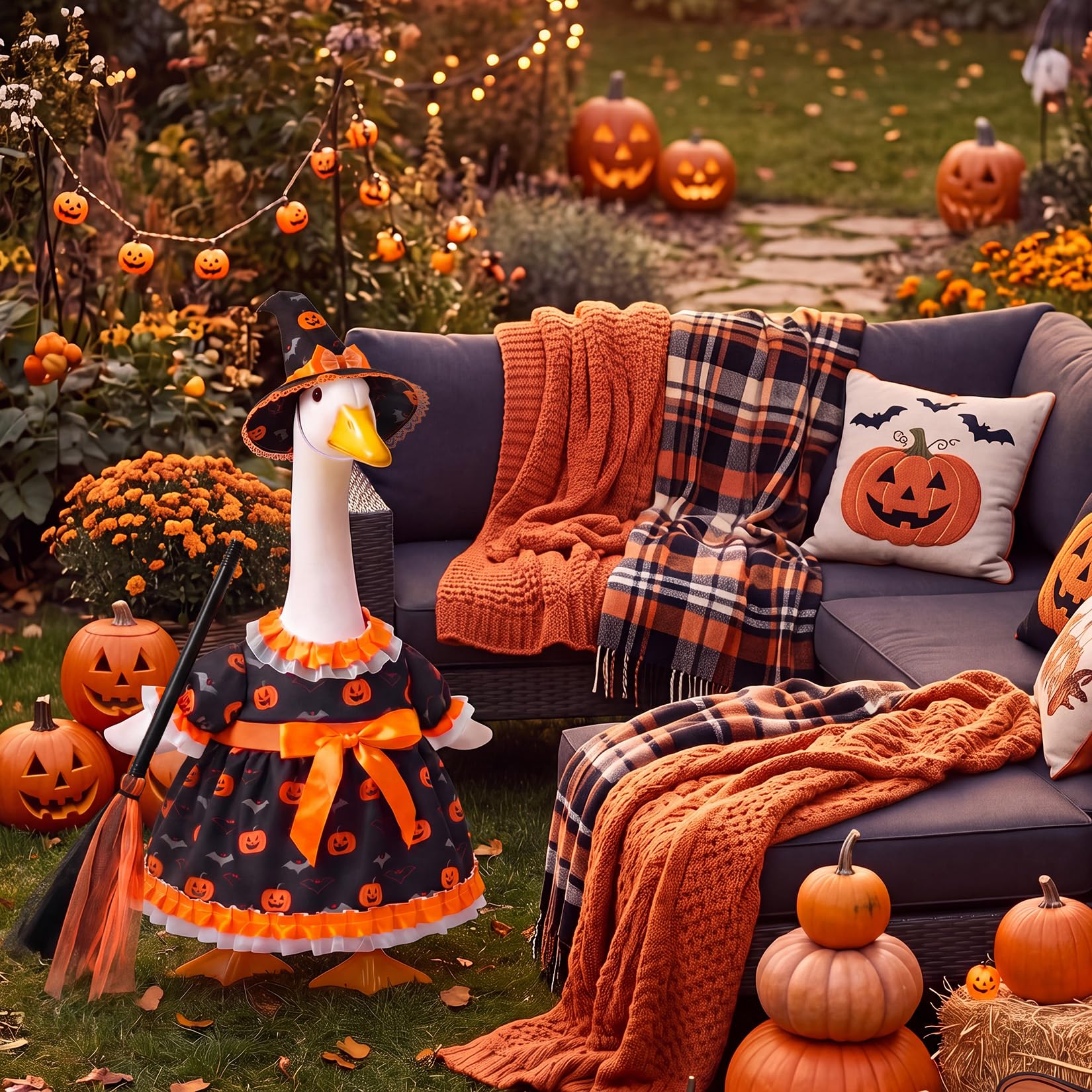 Mastom Halloween Witch Goose Outfit on front porch