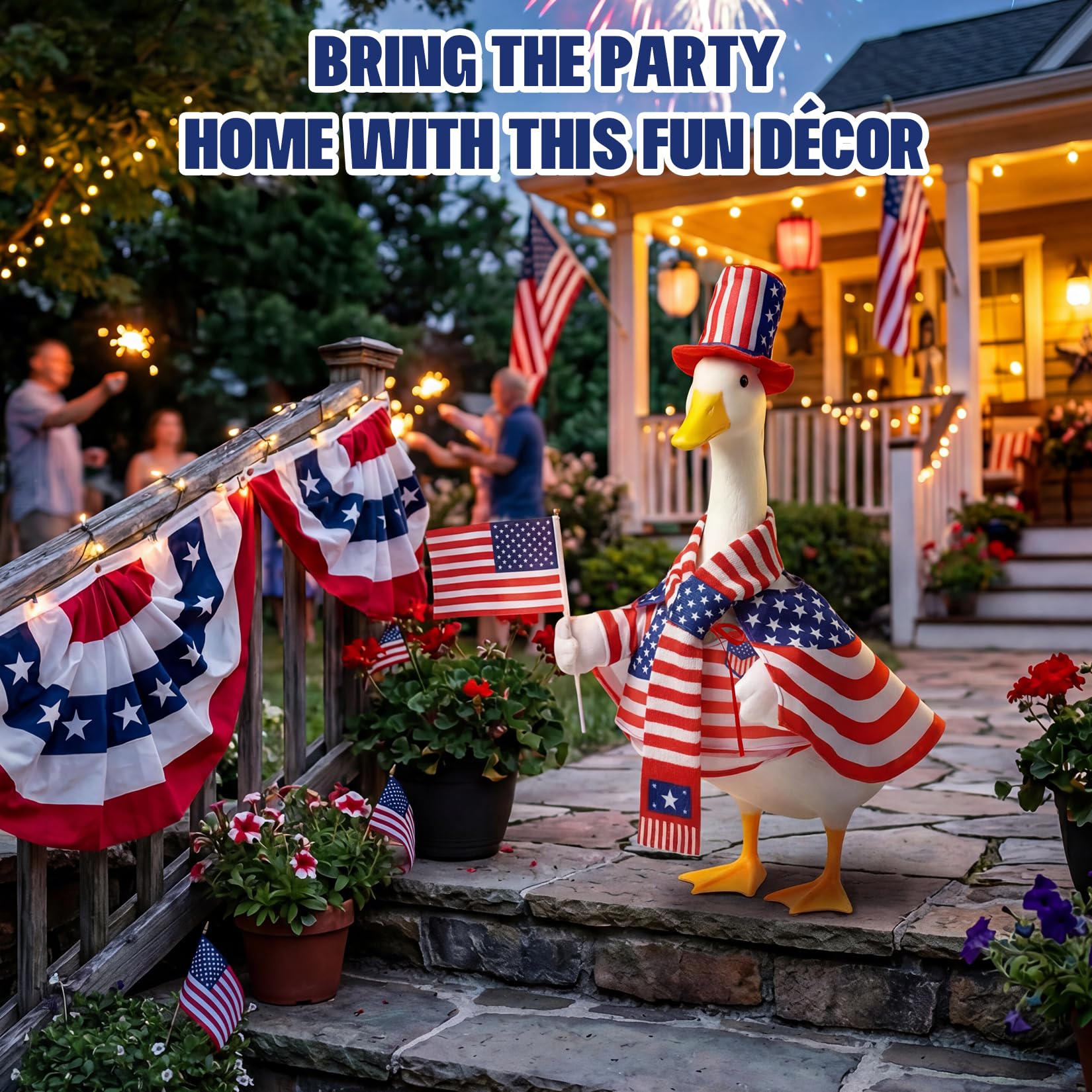 Mastom patriotic goose outfit displayed on a porch