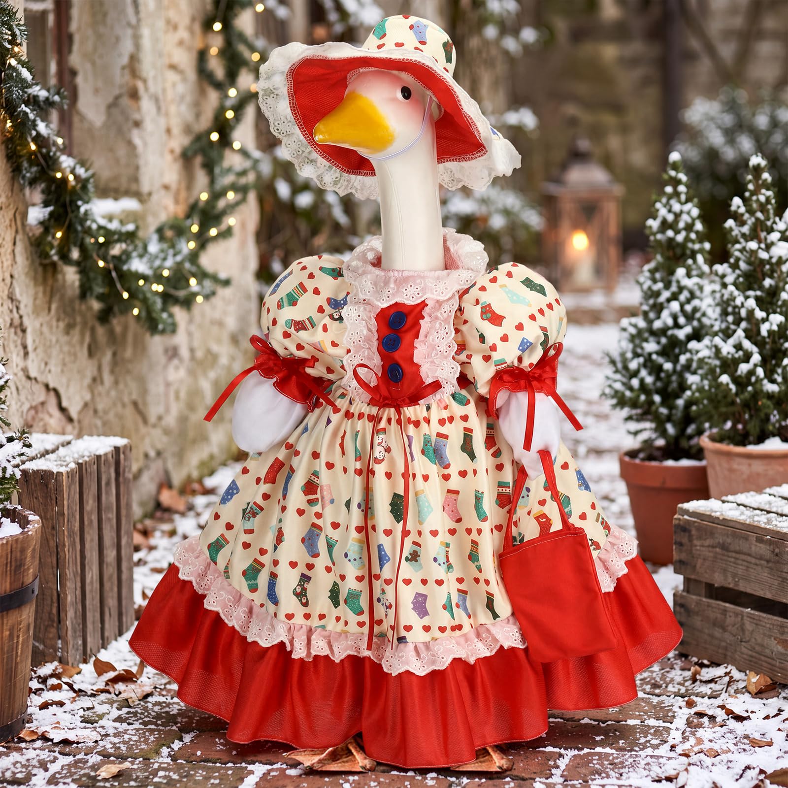 Matching wide-brimmed cap included in the Christmas goose outfit
