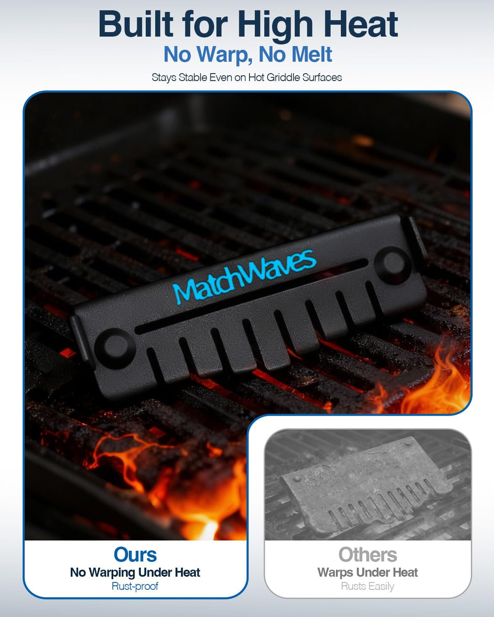 Matchwaves Grease Gate Blocker in use with shrimp and vegetables on a griddle