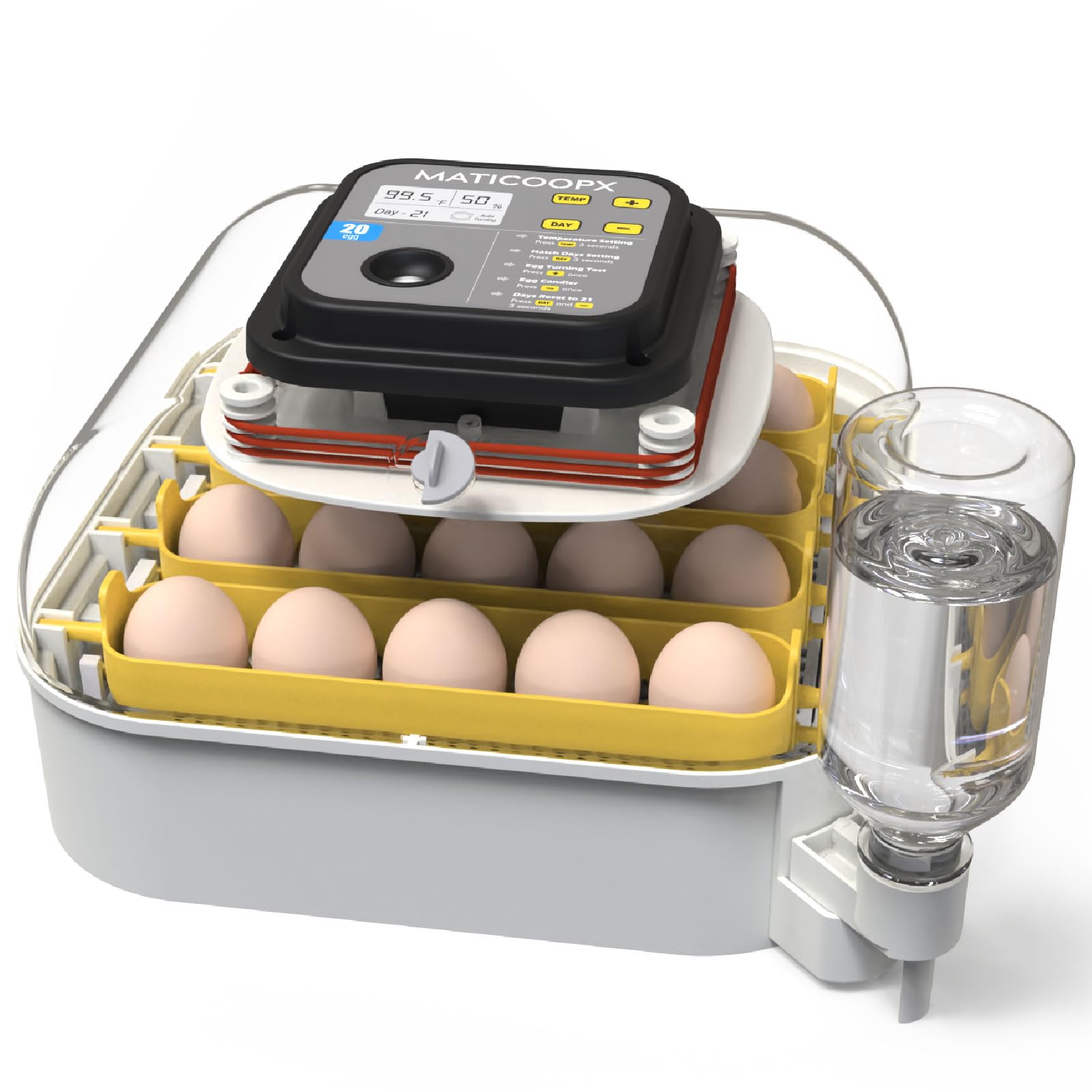 MATICOOPX 20 Egg Incubator front view in gray and yellow