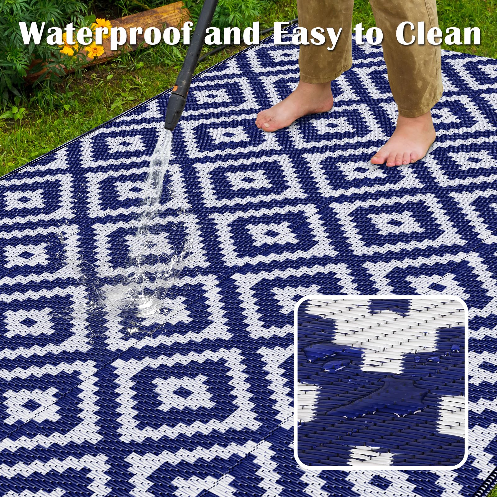 Mattitude outdoor rug displayed on a patio with furniture