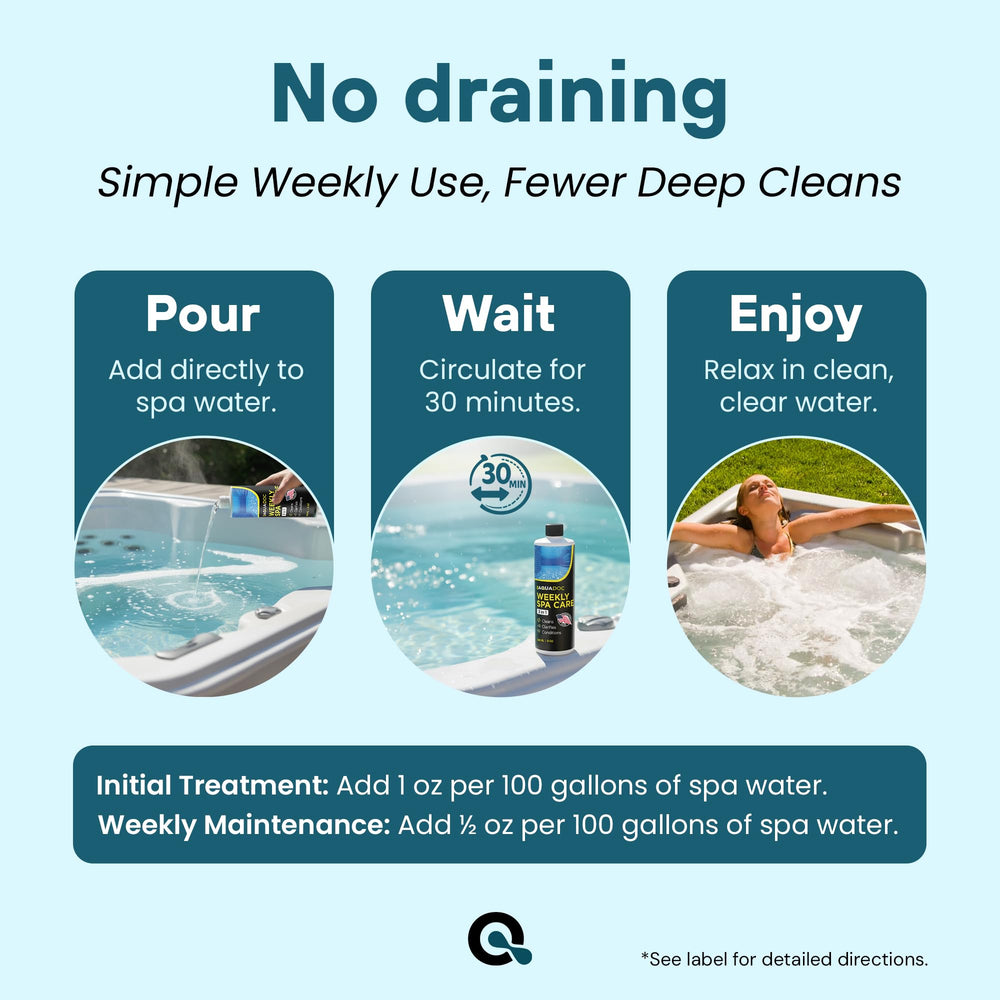 MAV AquaDoc 3 in 1 Hot Tub Weekly Care 8 oz bottle on spa surface