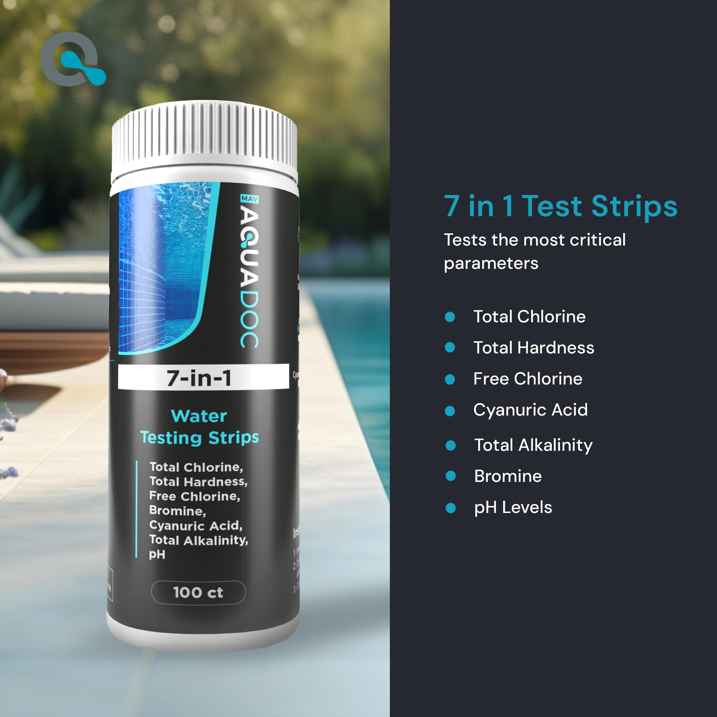 MAV AquaDoc 7-in-1 Pool Test Strips showing individual strips