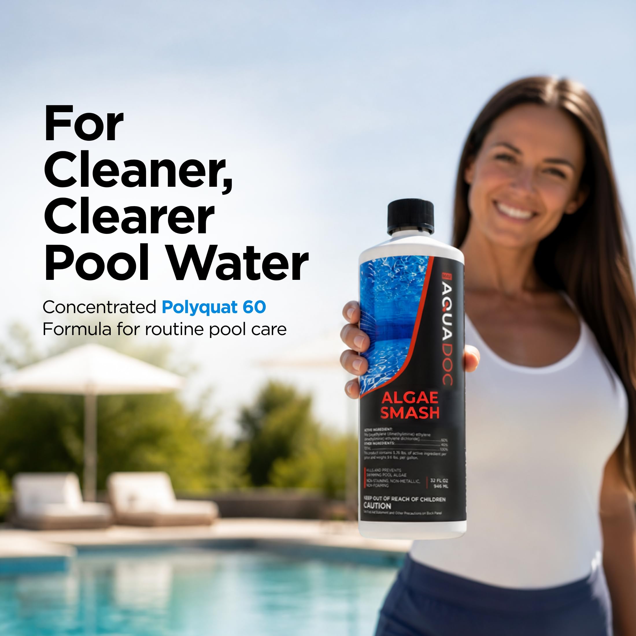 MAV AquaDoc Algae Smash 32 oz bottle with pool background