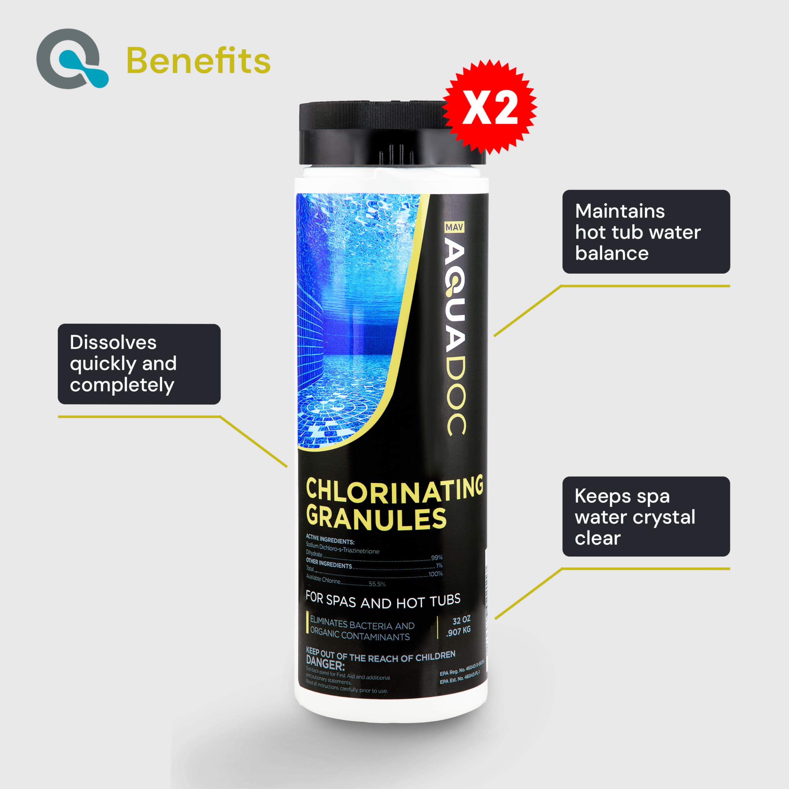 MAV AquaDoc Chlorine Granules 2lb packaging details