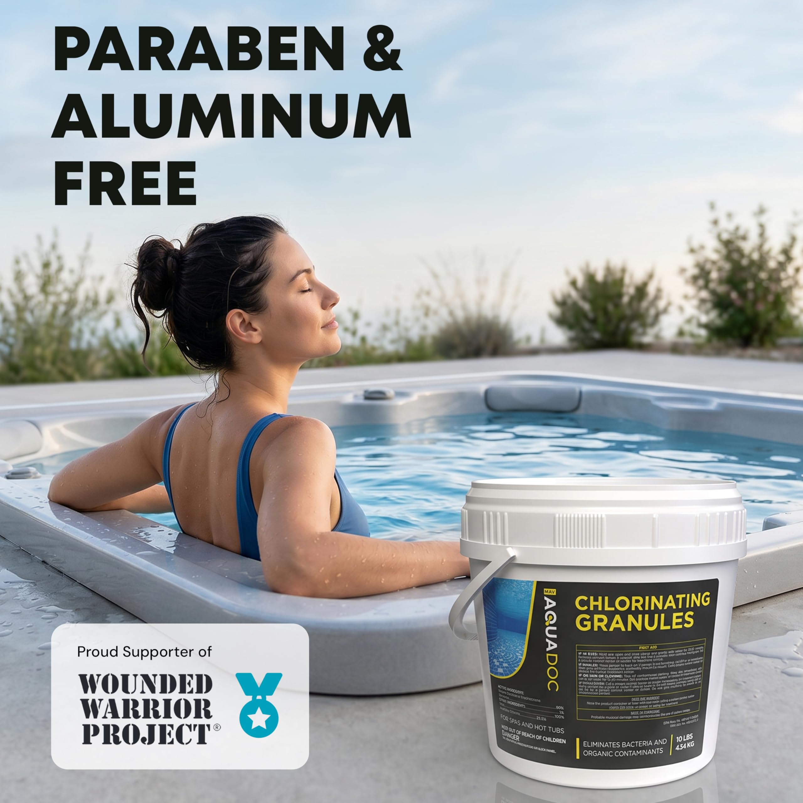 MAV AquaDoc chlorine granules with measuring cup on a table