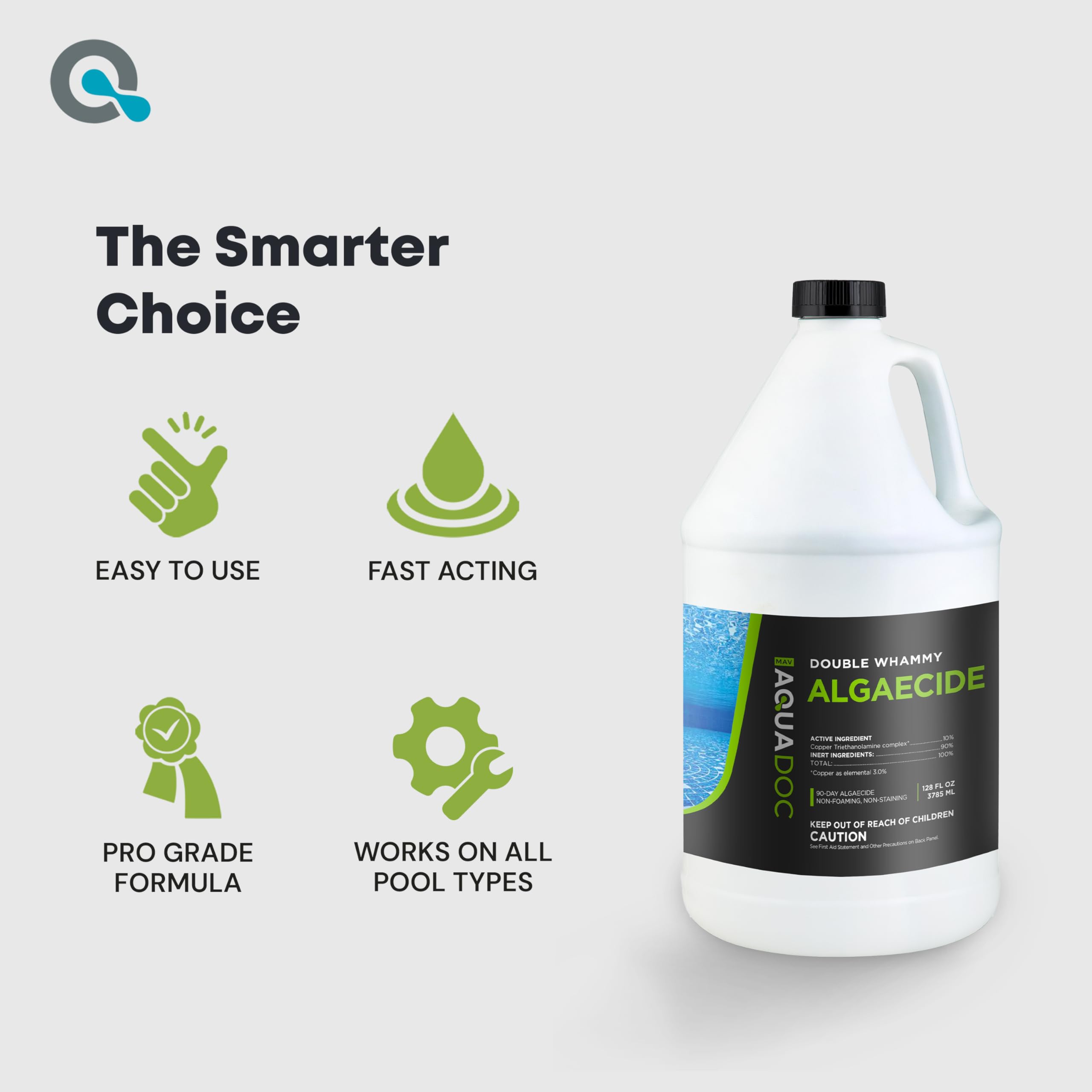 MAV AquaDoc Copper Algaecide 128 oz with pool maintenance tools