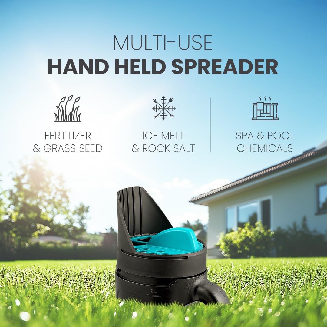MAV AquaDoc Handheld Seed Spreader showing ergonomic handle