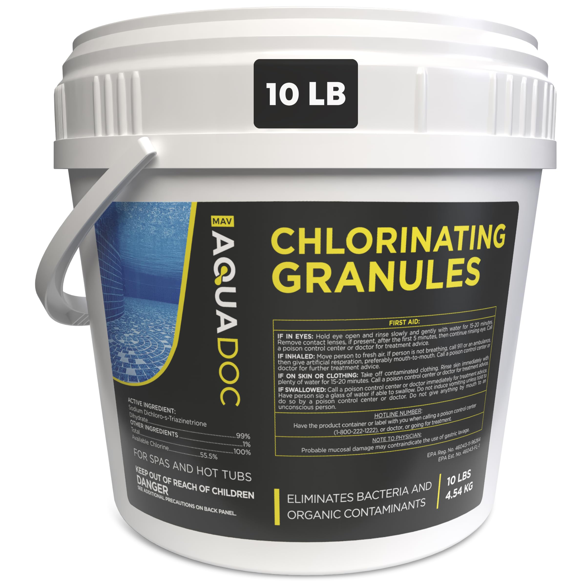 MAV AquaDoc Hot Tub Chlorine Granules 10 lb container front view