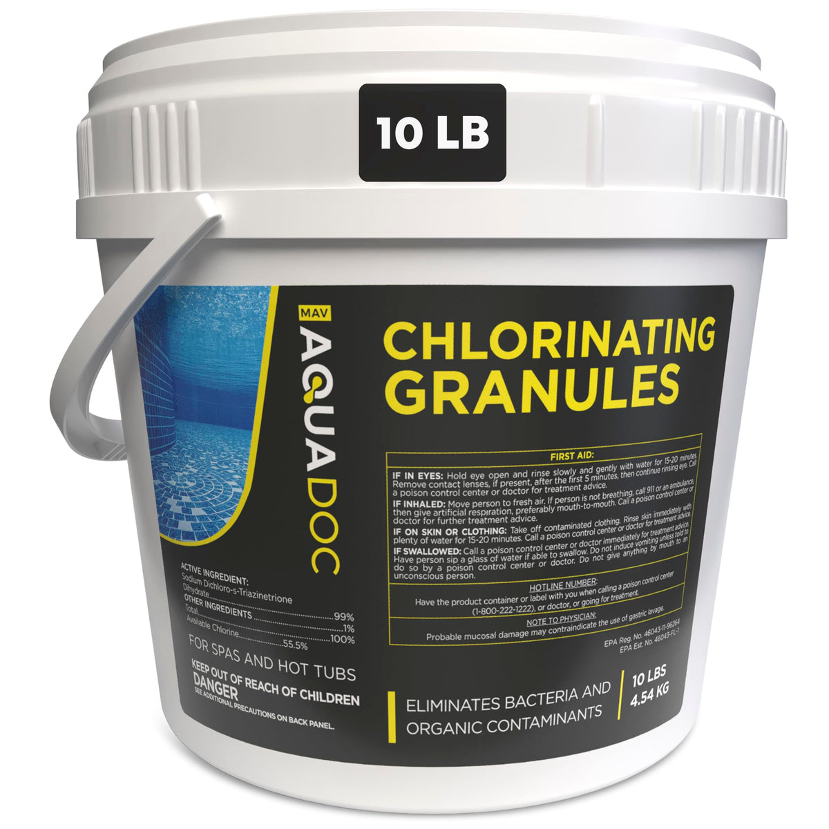 MAV AquaDoc Hot Tub Chlorine Granules 10 lb container front view