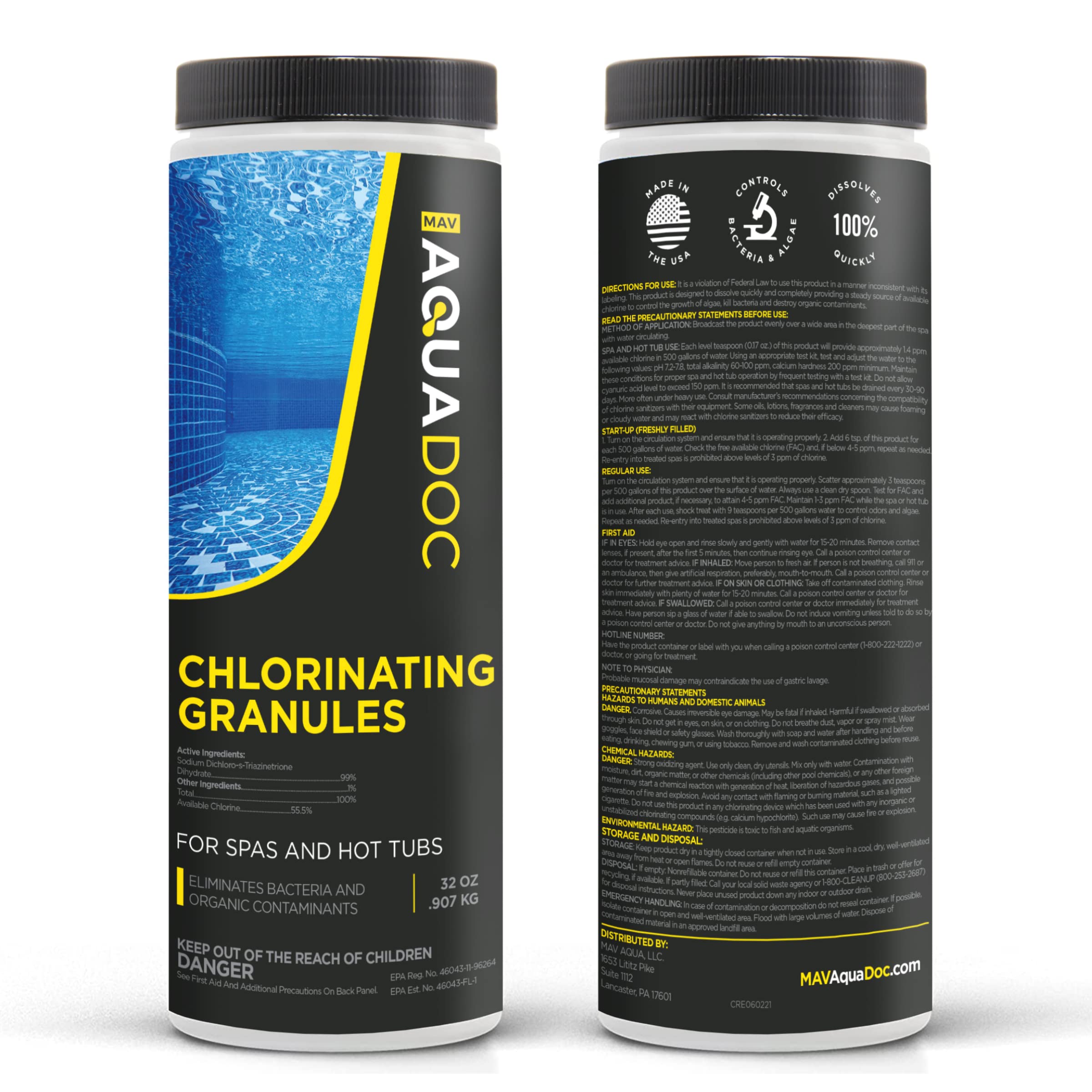MAV AquaDoc Hot Tub Chlorine Granules on a patio table