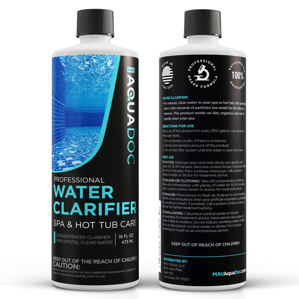 MAV AquaDoc Hot Tub Clarifier on a table next to hot tub
