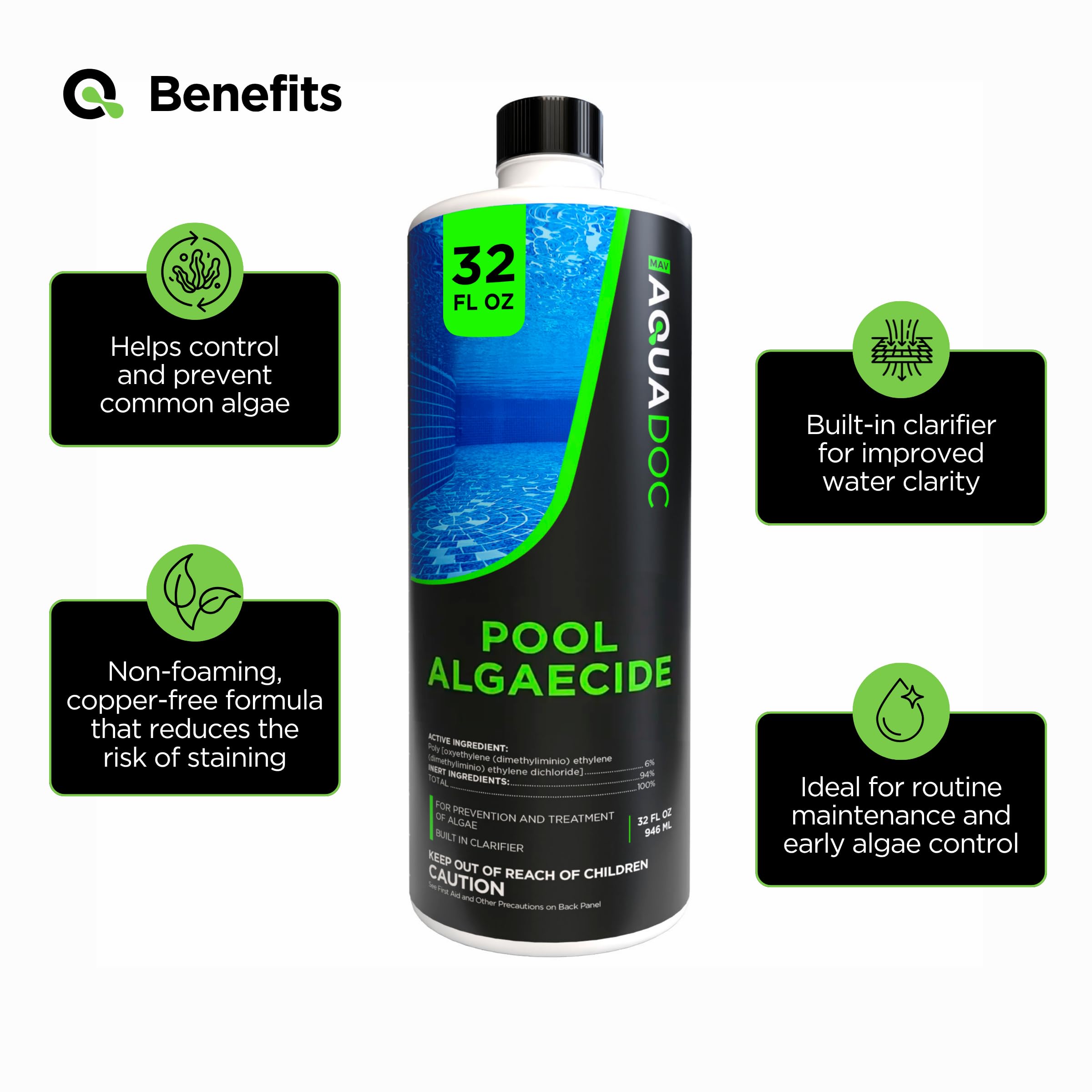 MAV AquaDoc Liquid Algaecide pouring into a swimming pool