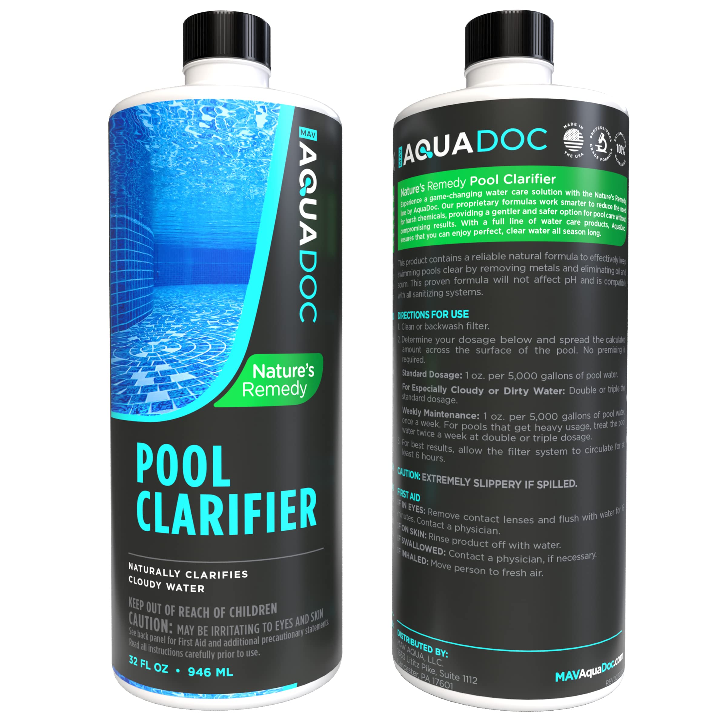 MAV AquaDoc pool clarifier bottle with measurement markings