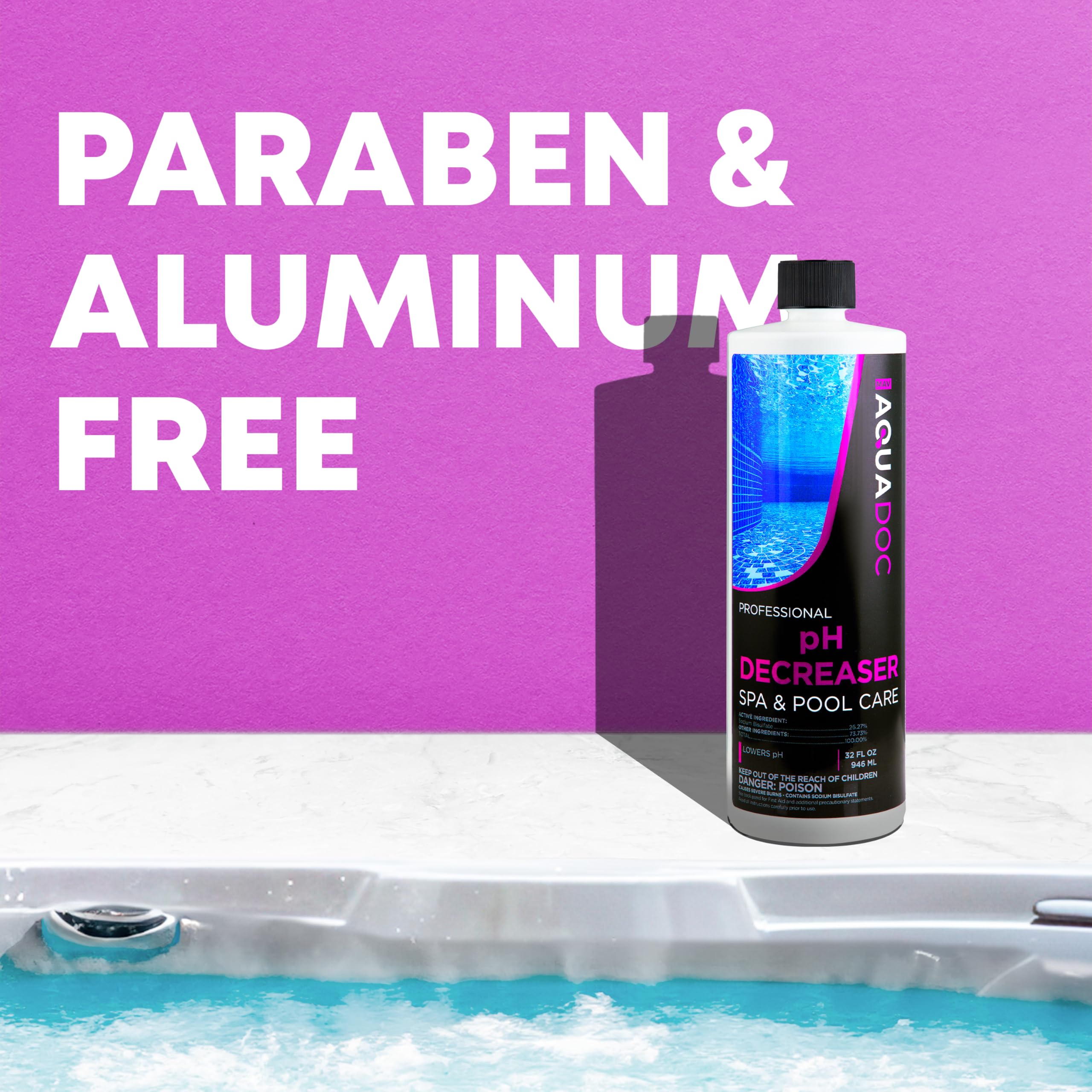 MAV AquaDoc Spa pH Decreaser in a clean hot tub setting