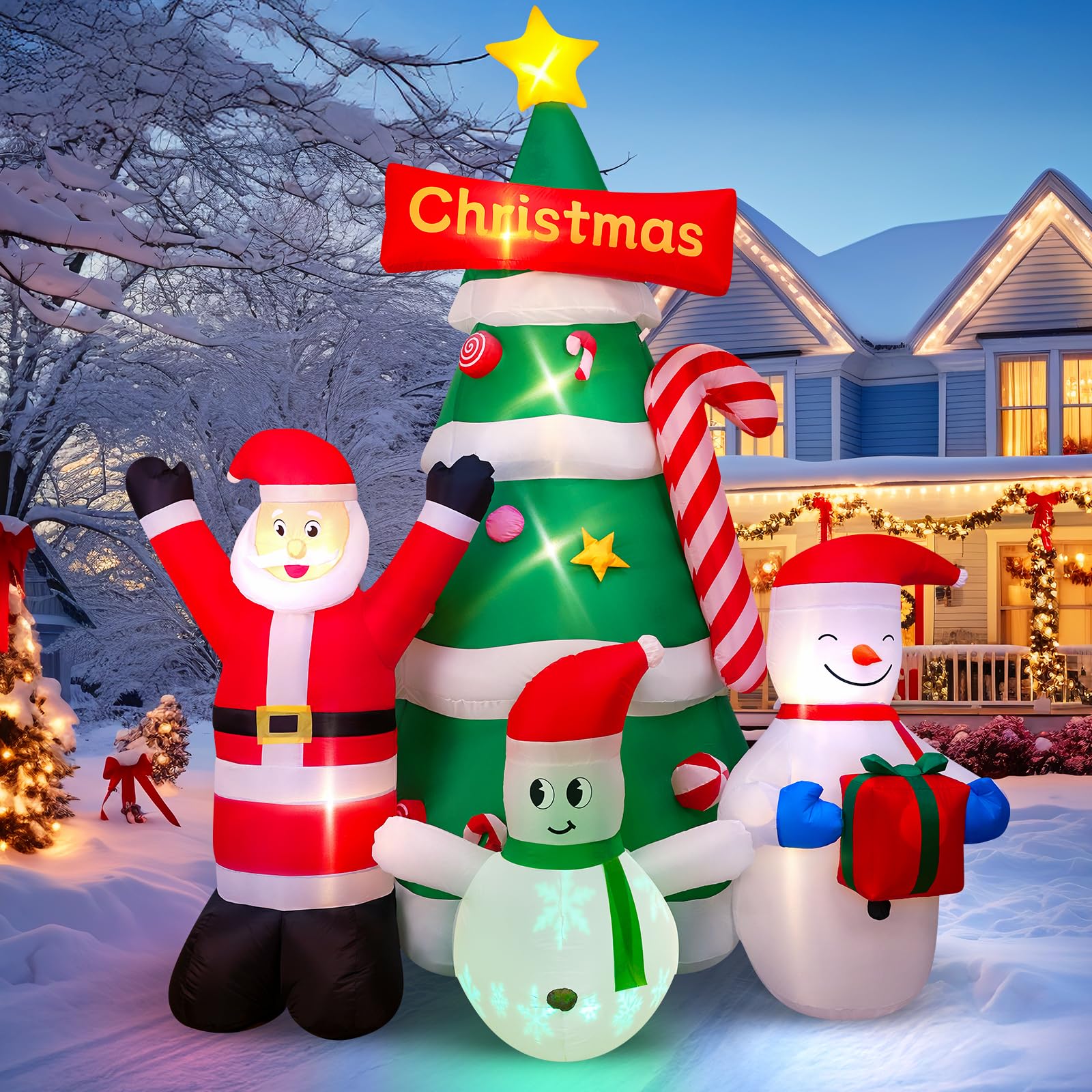 Max Fun 9Ft Christmas inflatable tree with Santa and snowman front view