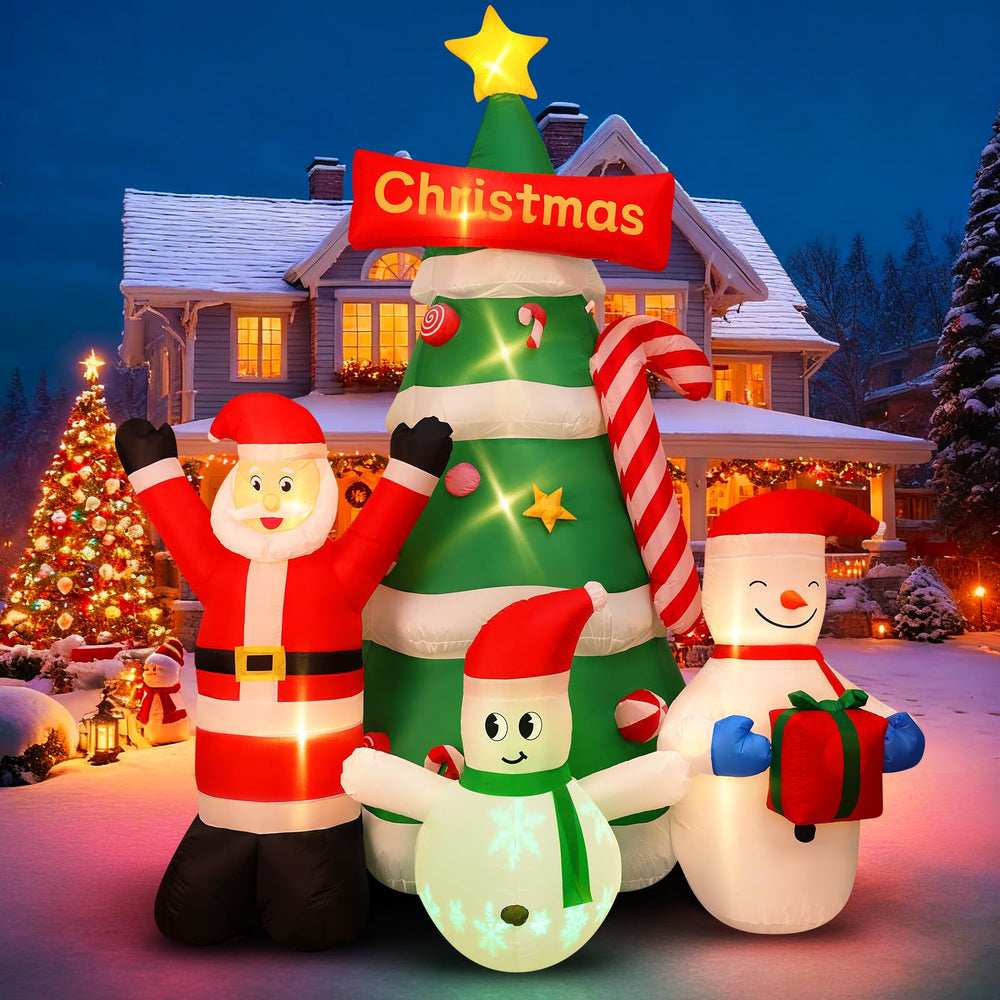 Max Fun inflatable Christmas tree in a snowy yard