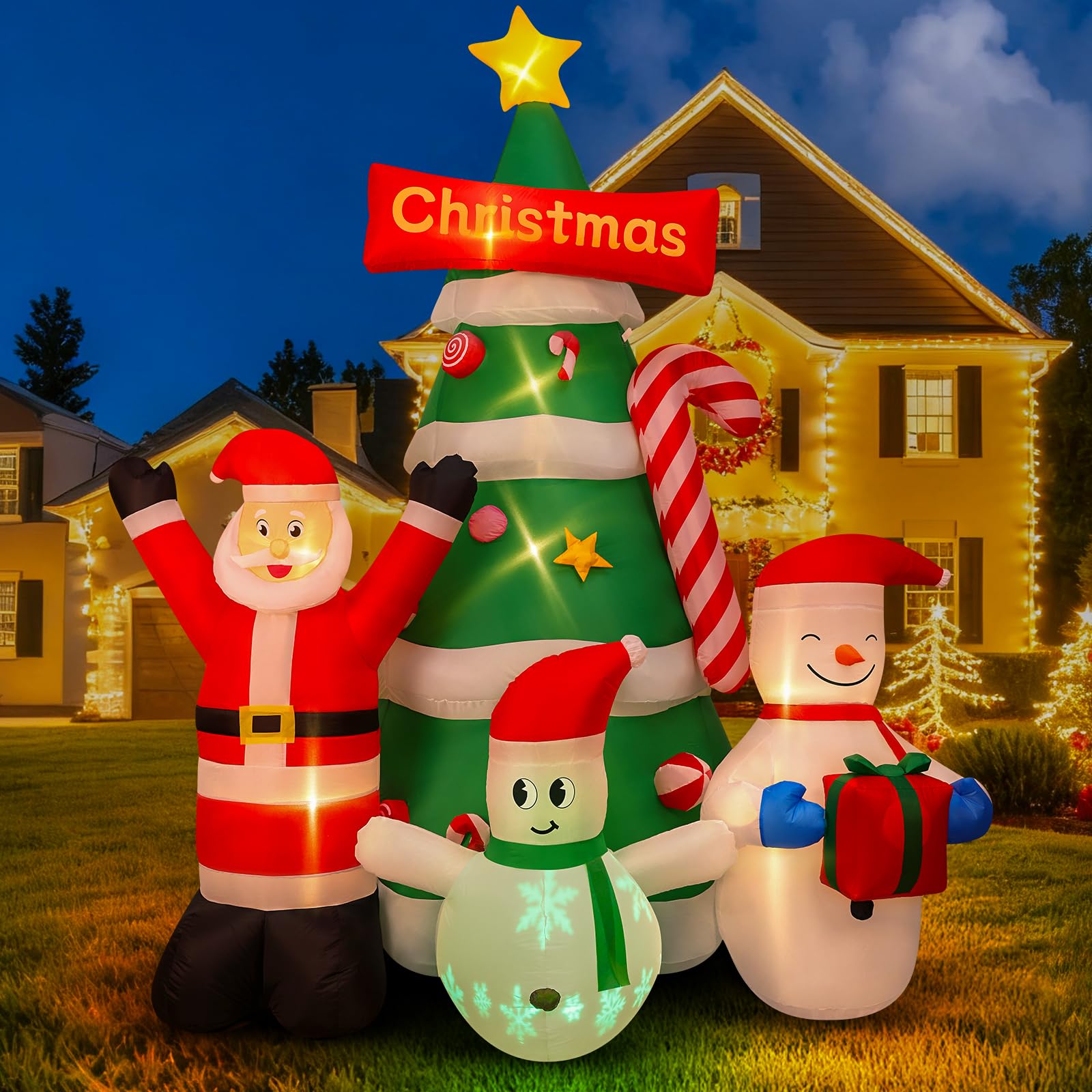 Max Fun inflatable Christmas tree setup in a garden