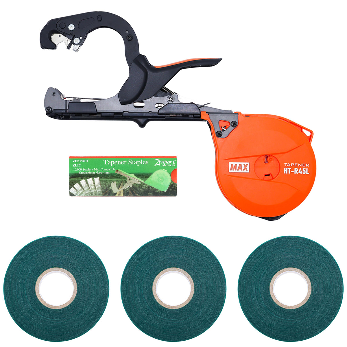 MAX HT-R45L Tapener Tool front view with staples and tape