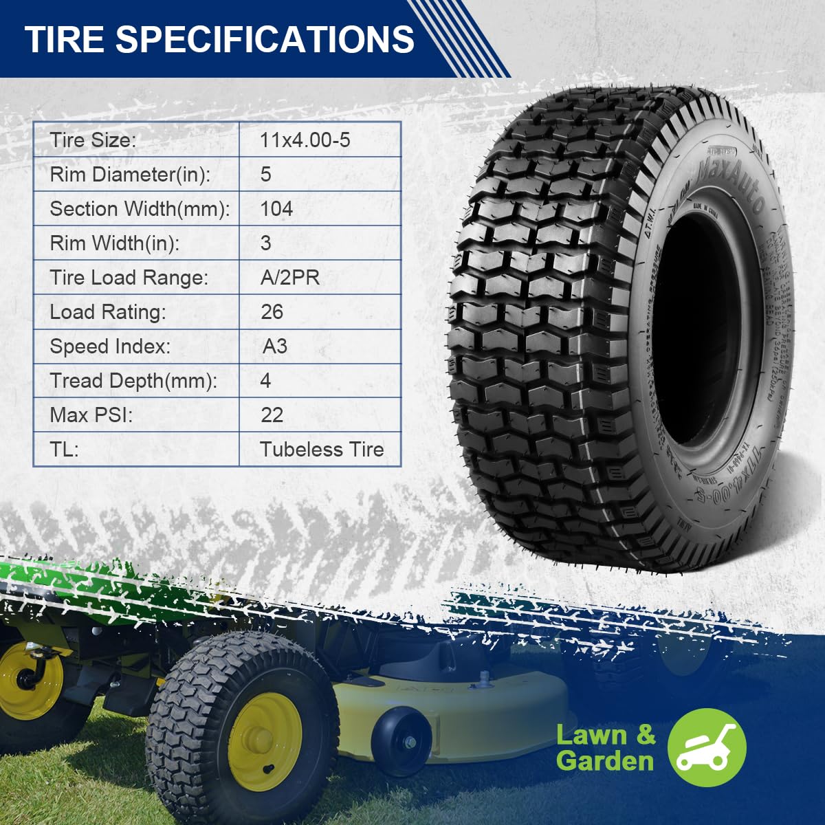 MaxAuto 11x4.00-5 turf tire tread detail
