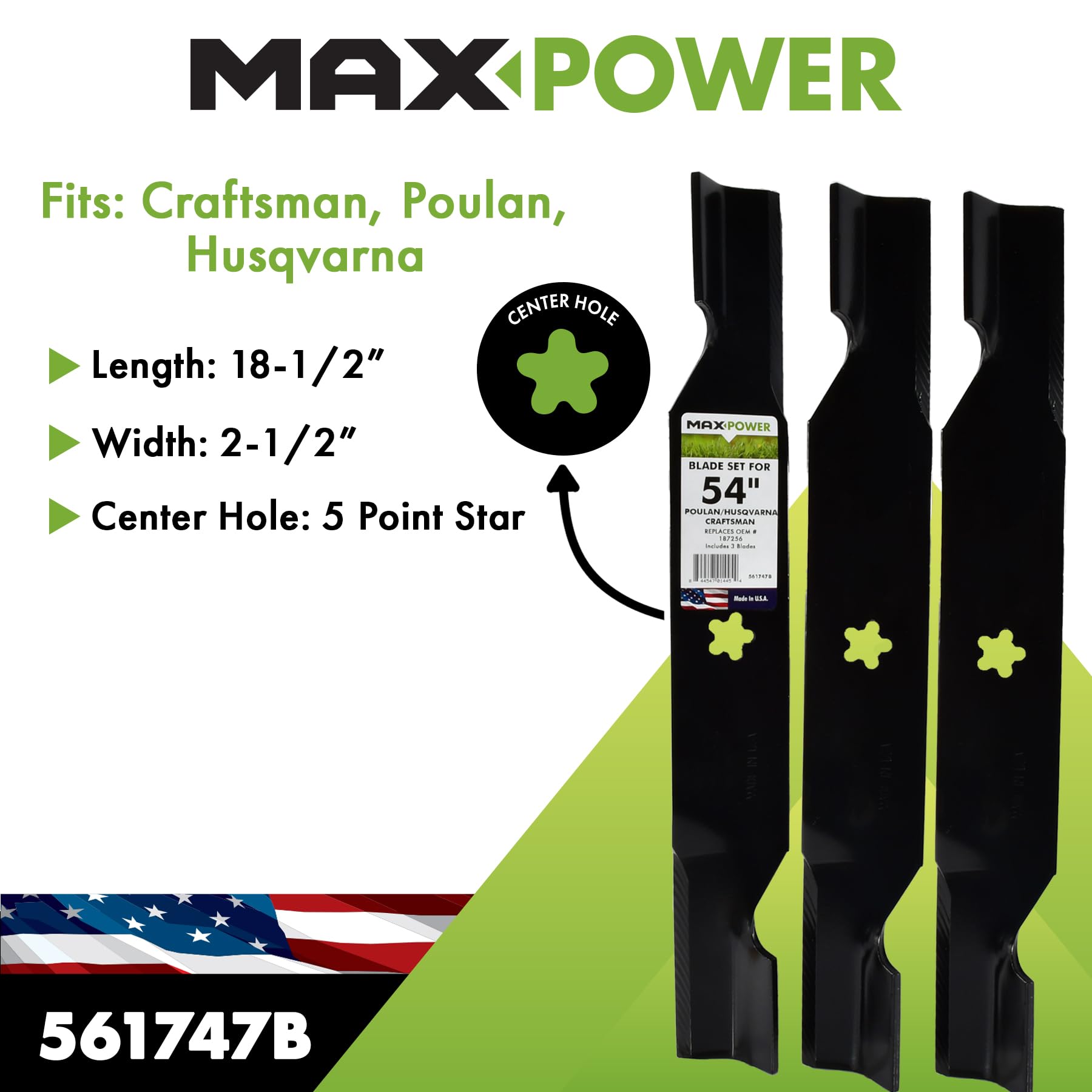 Maxpower 561747B blades showing 5 point star center hole