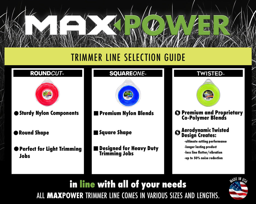 Maxpower trimmer line strips displayed on a workbench