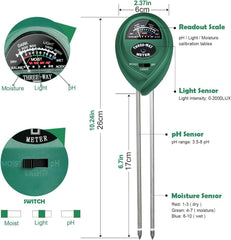 Maxsolve 3-in-1 Soil Tester showing moisture, light, and pH scales