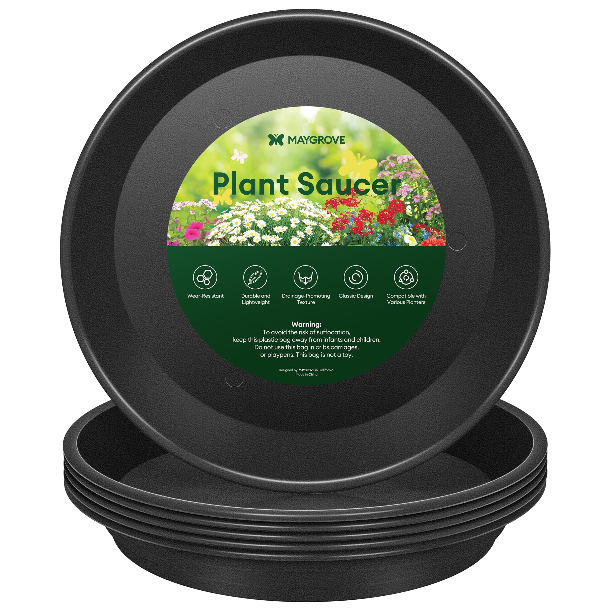 Maygrove 12-inch black plant saucer front view